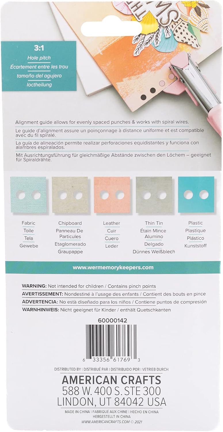 Back of the We R Memory Keepers Spiral Punch packaging, showing compatible materials like fabric, chipboard, leather, thin tin, and plastic, along with a 3:1 hole pitch diagram.
