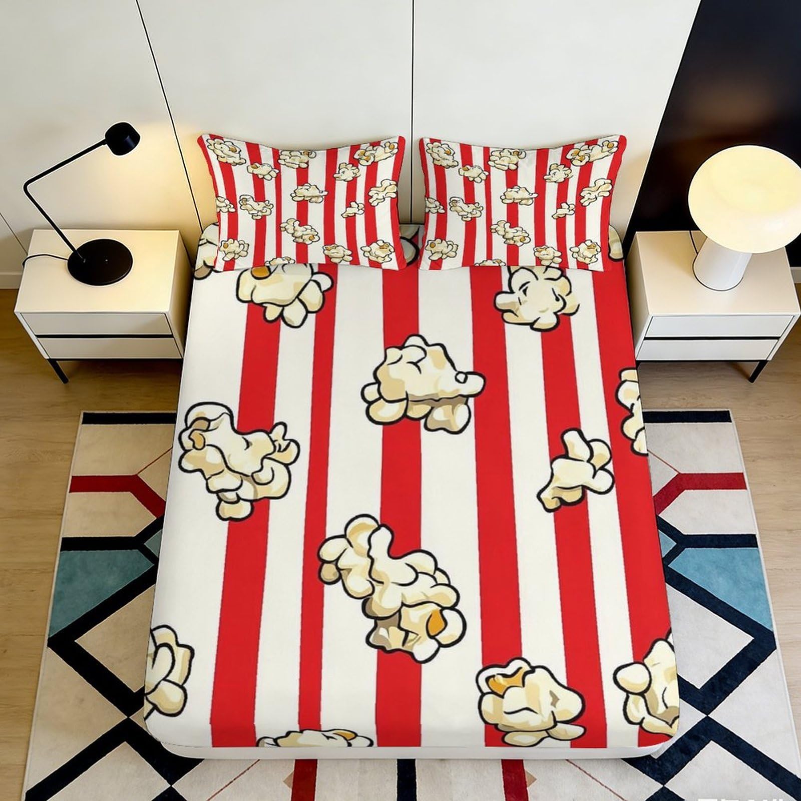3D Printed Popcorn Stripe Fitted Sheet Microfiber Soft Red White Cartoon Bed Cover for Bedroom Dorm Mattress Protection Decor 140x200x25cm