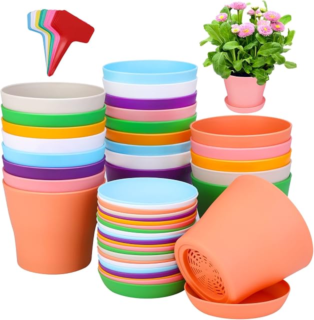 ADXCO 24 Pack 4 Inch Plastic Plant Pot with Saucers Flower Pots Planters Nursery Pots and 24 Labels for Outdoor Indoor Plants Gardening Containers, Assorted 8 Colors
