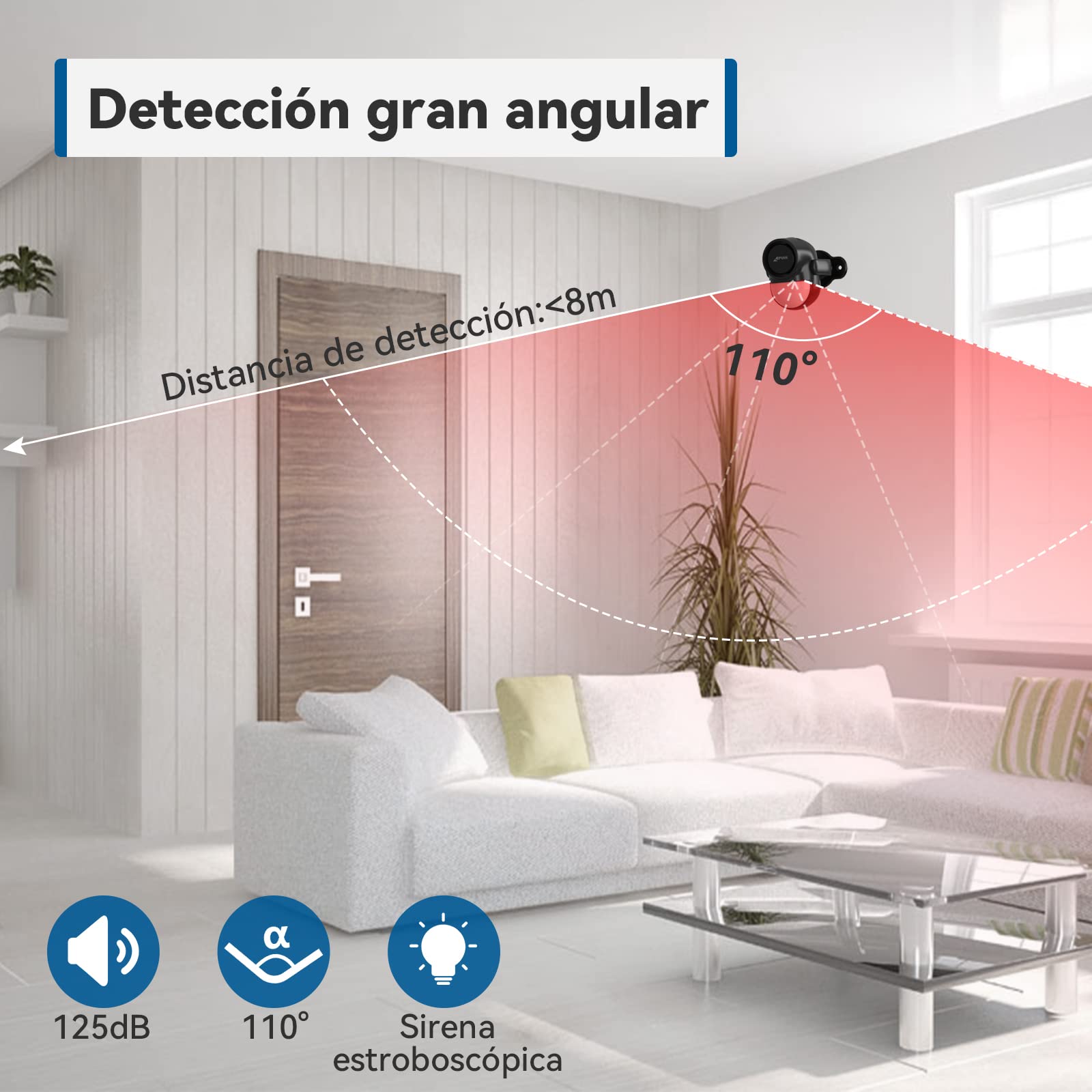 CPVAN Sensor de Movimiento, Sirena Alarma Casa para Puerta, Control Remoto Infrarrojo Sistema de Alarma Antirrobo -125dB -Accionado por Batería -Ideal para Interior de Tienda/Oficina/Casa, Negro