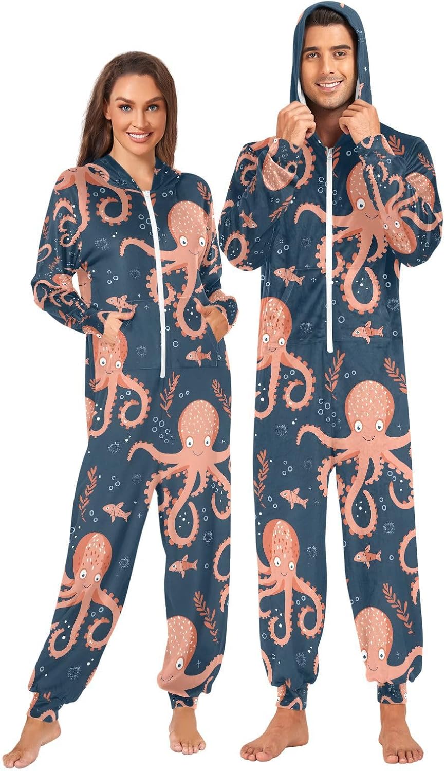 Cute Cartoon Octopus Blue Adult Onesie Pajamas Novelty One Piece Costume Sleepwear Jumpsuits Matching PJS