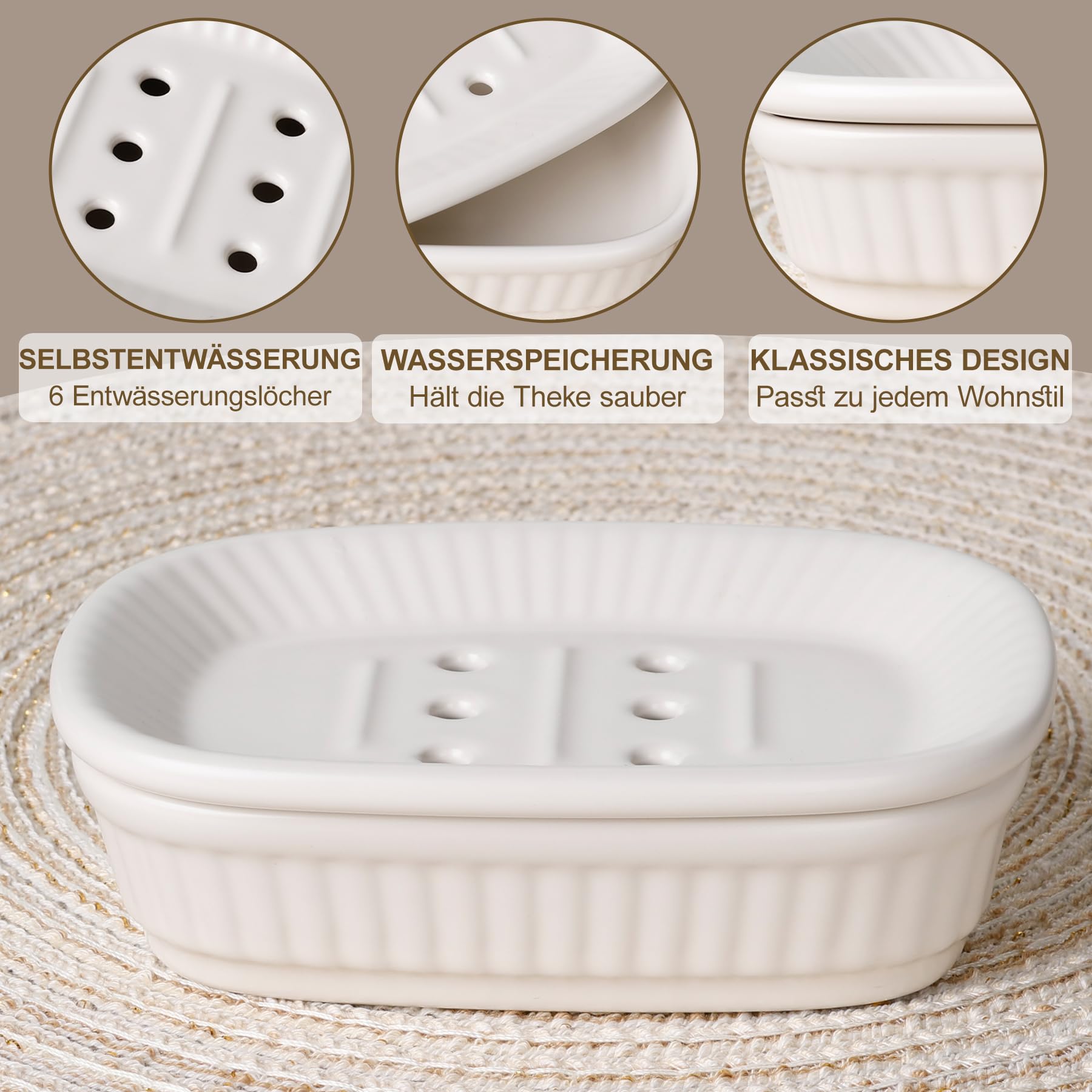 NOVAJOY Set da bagno in ceramica – 5 pezzi, organizer da bagno con dispenser di sapone, portasapone, porta spazzolino, contenitore di cotone, set di decorazione da bagno di alta qualità (beige bianco)