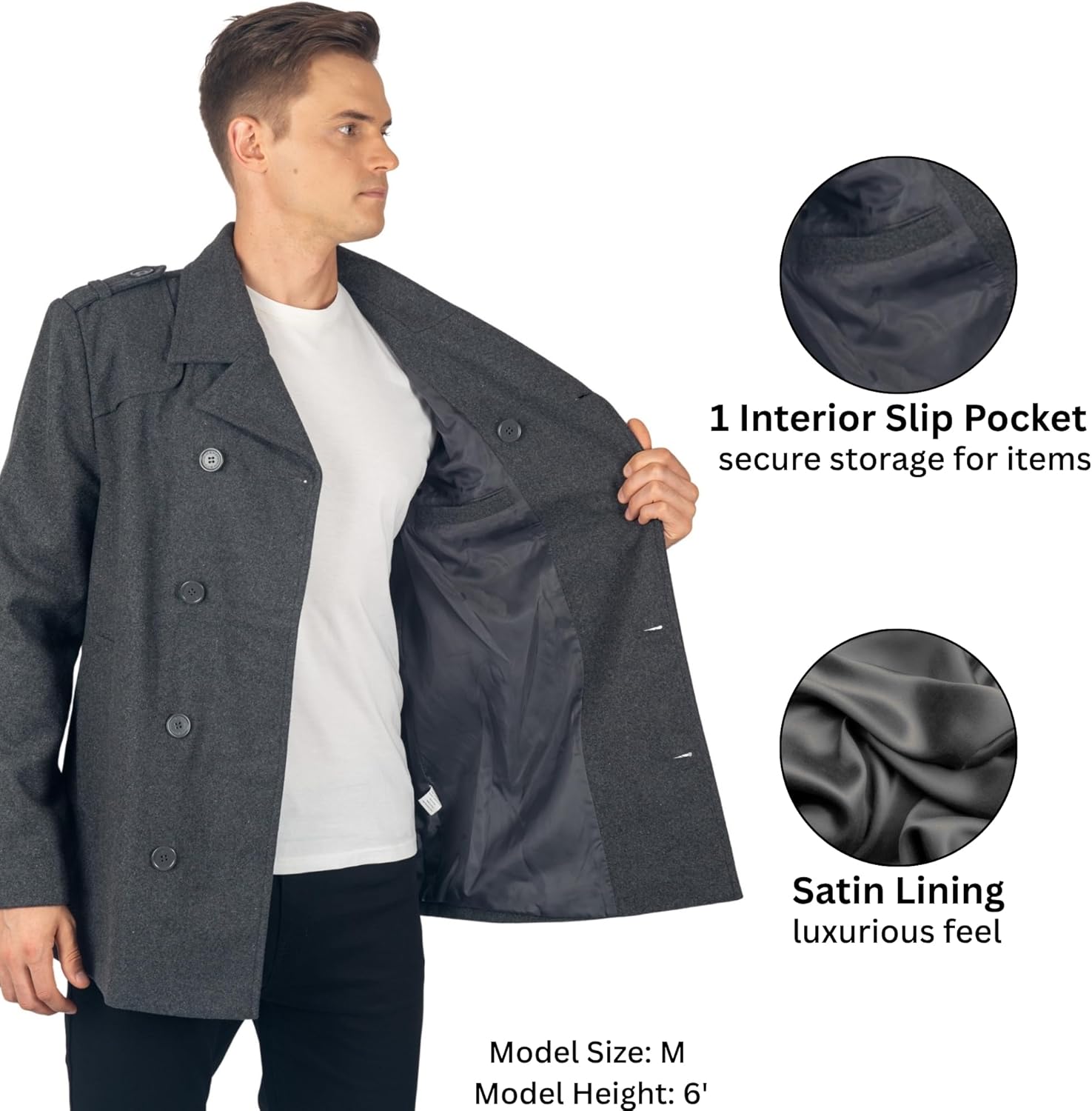 Alpine Swiss Jake Mens Wool Pea Coat Double Breasted Peacoat Jacket - Image 4