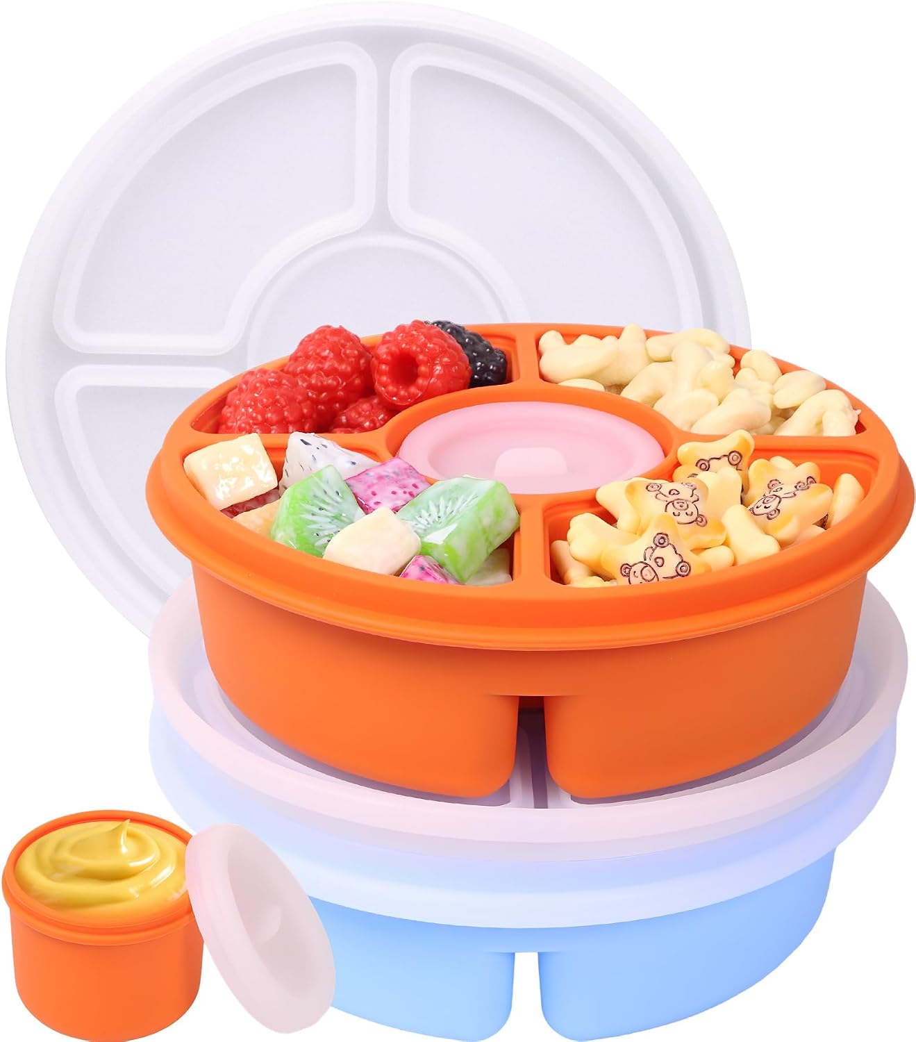 2 Pack Silicone Bento Snack Box with Lids, 5 Compartments Divided Stackable Food Containers, Leak-Proof Round Snackle Box Meal Prep Lunch Food Containers with Sauce Cups, BPA Free