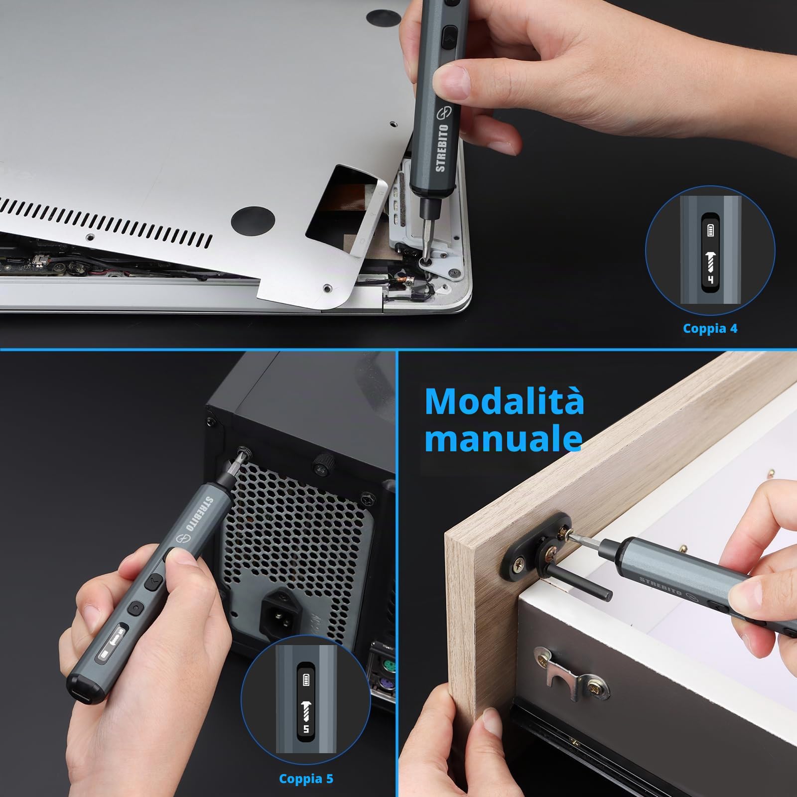 STREBITO Set di cacciaviti elettrico mini, 70 in 1 Piccolo cacciavite elettrico - 64 bit di precisione S2, 5 impostazioni di coppia, 4 luci LED, mini kit di strumenti di riparazione con cacciavite