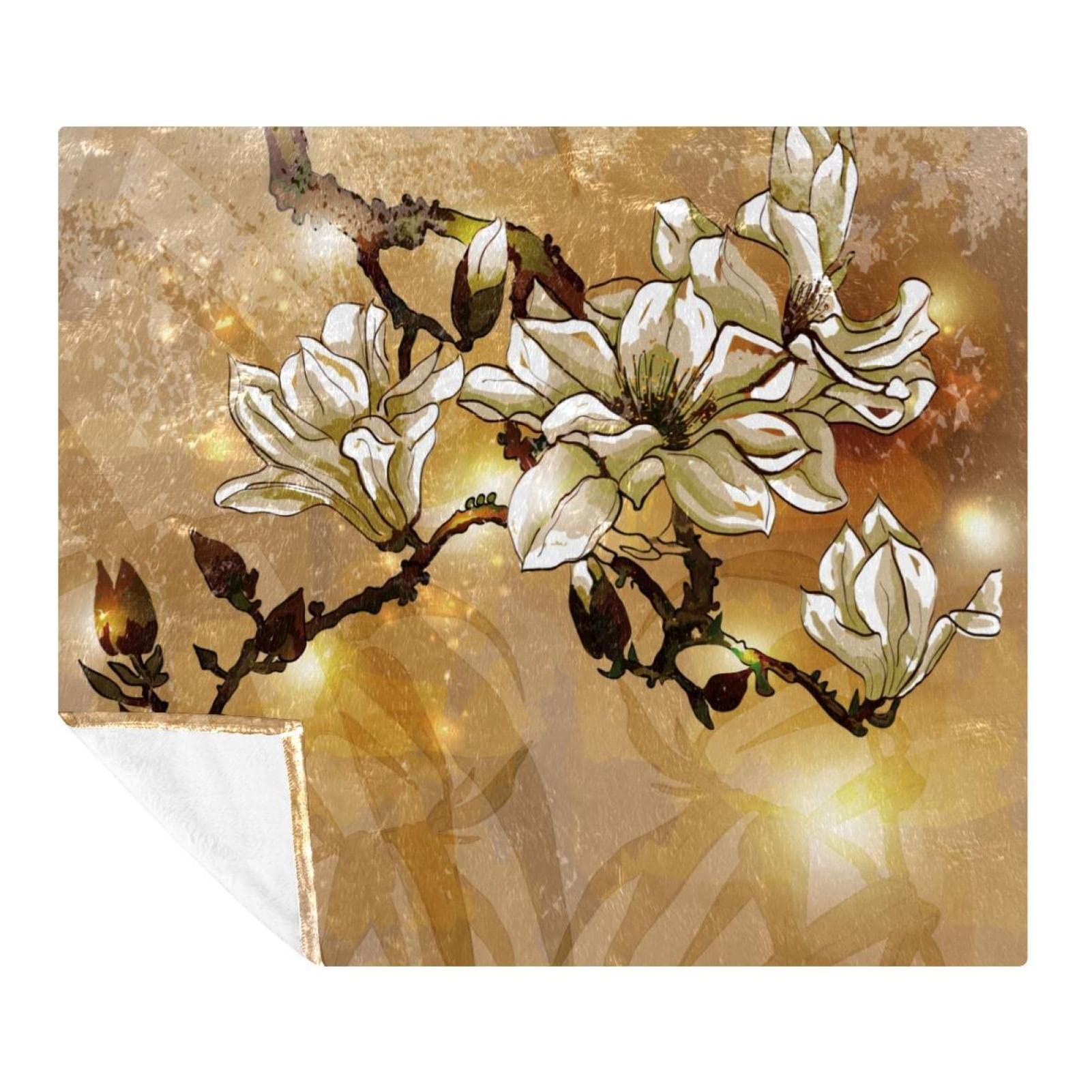 Couverture polaire plaid lit chambre canapé sol imprimé fleur magnolia blanc