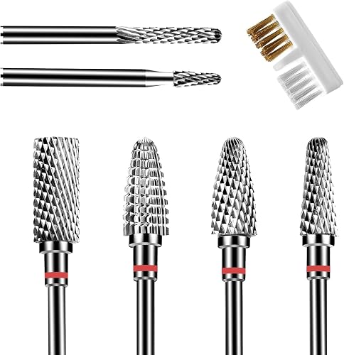 6Pcs Nail Drill Bits Set Professional, 3/32'' Electric Nail Drill Bits for Acrylic Gel Nails, Cuticle Nail Drill Bit Quick Gel Polish Remover Manicure Pedicure Tools with Cleaning Brush (Red)