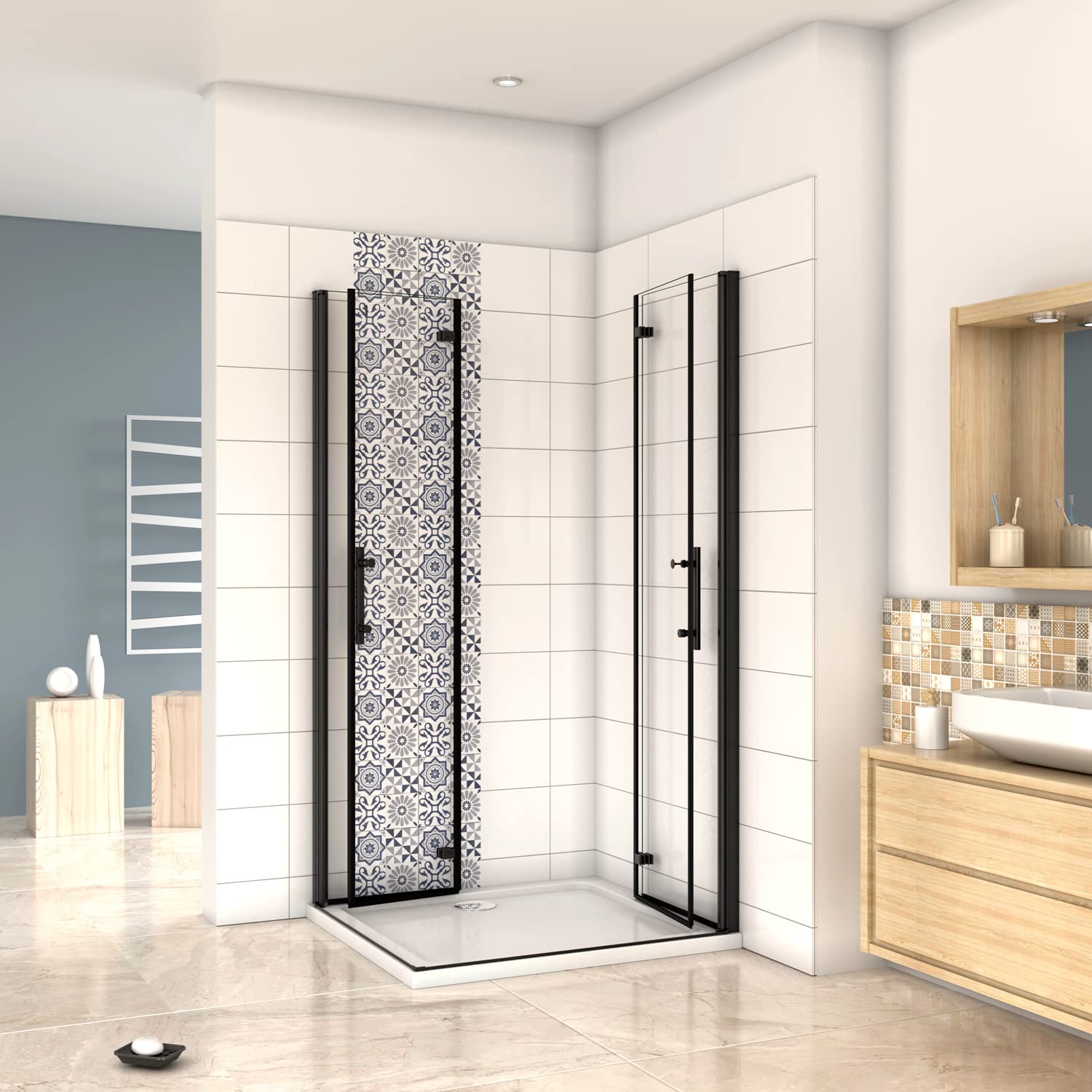 190cm Box Doccia Angolare Doppia Porta Battente Pieghevole 120x80cm in Vetro Temperato Trasparente 5 mm Anticalcare Telaio Nero Opaco