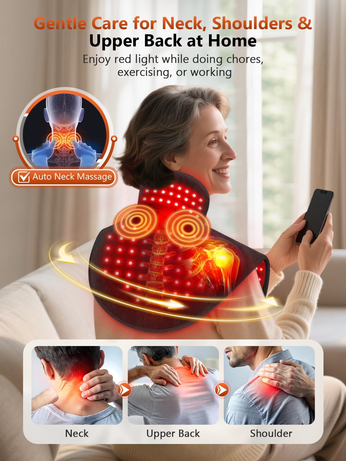 RELEXNOW Terapia de luz roja cálida para masaje de hombros y cuello, batería de 5000 mAh, inalámbrica, almohadilla terapéutica infrarroja para el cuerpo, almohadilla térmica