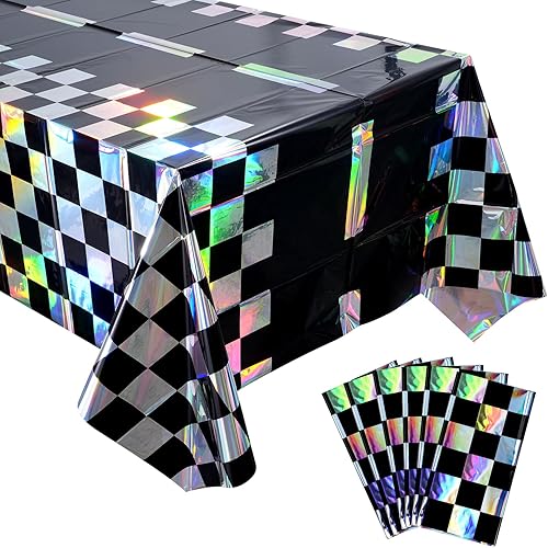 Vista 8 de Paquete de 3 manteles de plástico iridiscentes a cuadros de automóvil de carreras, cubierta holográfica de papel de carreras en blanco y negro
