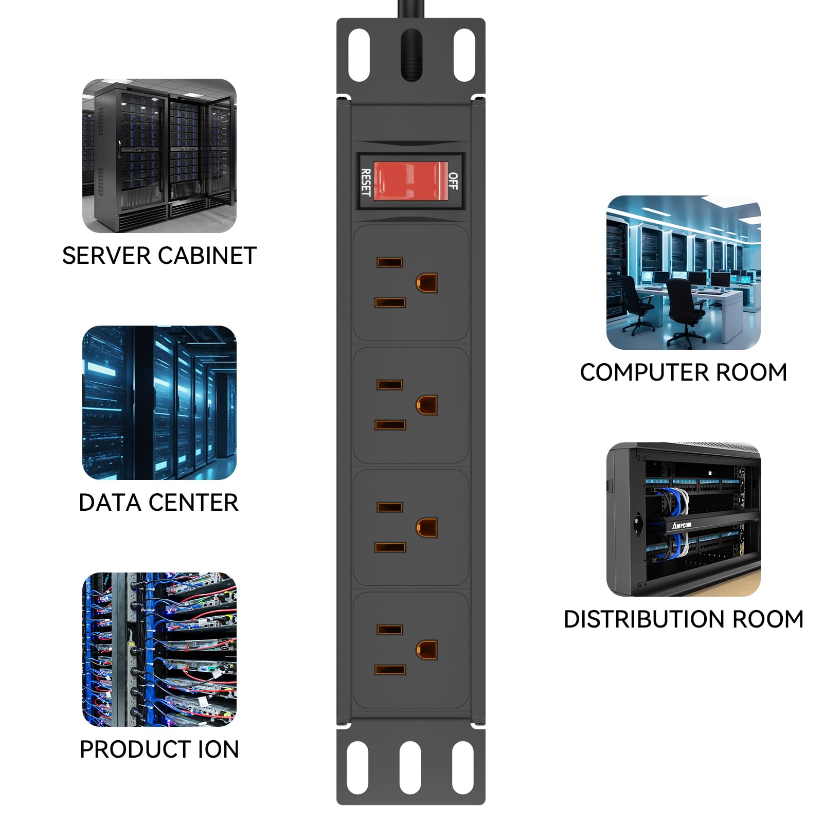 Unidad de distribución de energía para rack de 10 pulgadas, 1U (4 tomacorrientes) de 10 pulgadas, mini rack de 10 pulgadas, con protección (cable de 125 V/15 A, 6 pies), tira de alimentación para