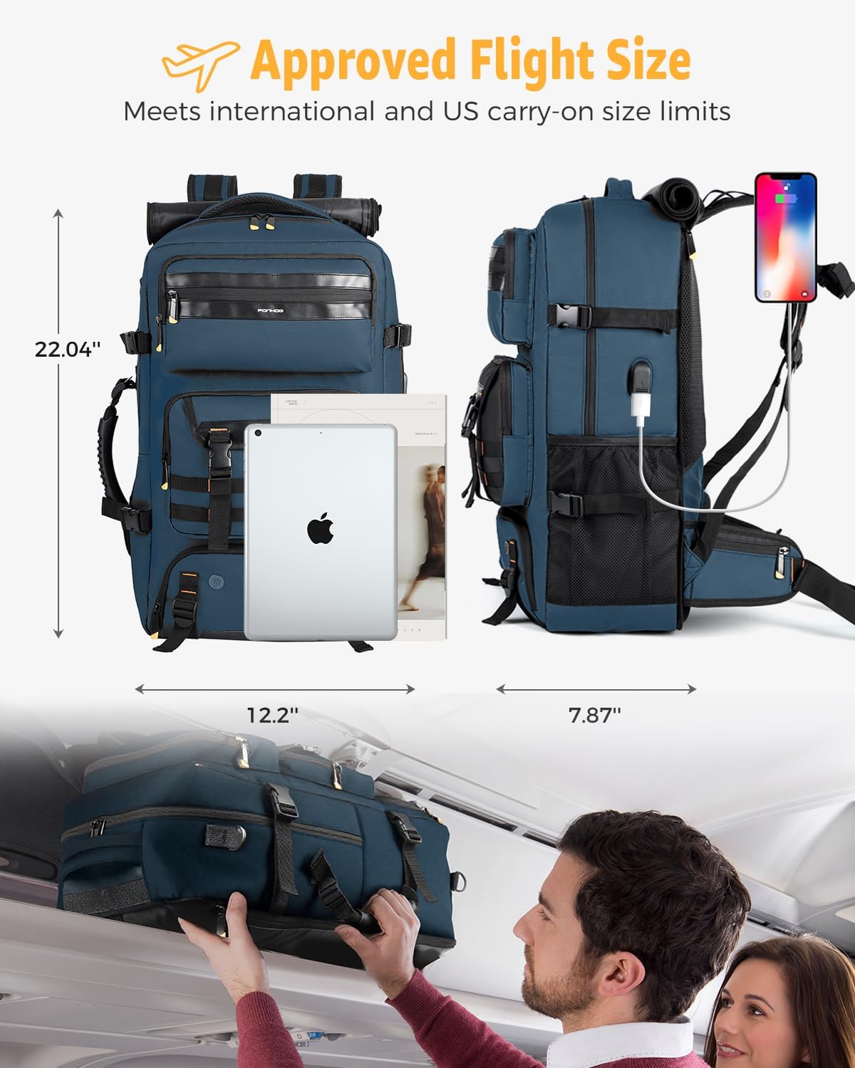 Ponhog Travel Backpack for Men, 50L Carry On Flight Approved Convertible Duffle Bag with Shoe Compartment, 17 inch Laptop Luggage with USB Charging Port for Weekender Hiking, Blue