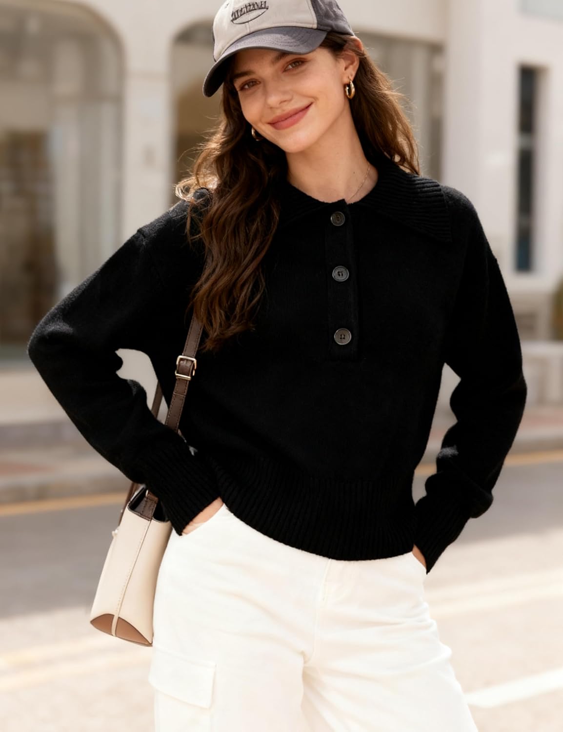 EsheSy Women's Polo Knit Sweater Pullover V Neck Lapel Collar Button Long Sleeve Casual Loose Ribbed Knit Henley Top - Image 5