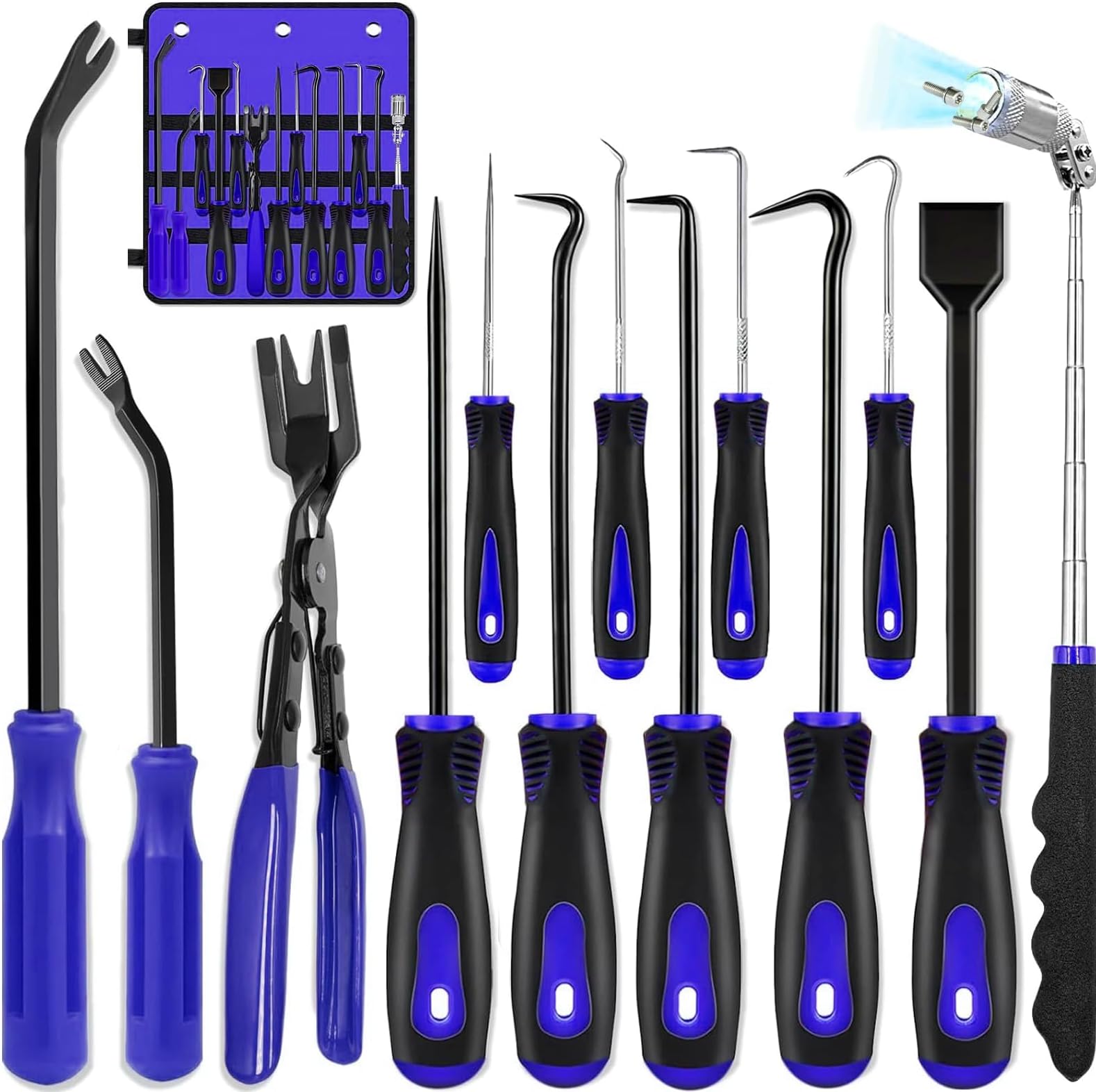 13 Pcs Precision Pick and Hook Set with Scraper, Clip Pliers, Fastener Remover and Magnetic Telescoping Tool Kit for Remove Automotive Electronics Maintenance Hoses Gasket Hand Pick Up Tools