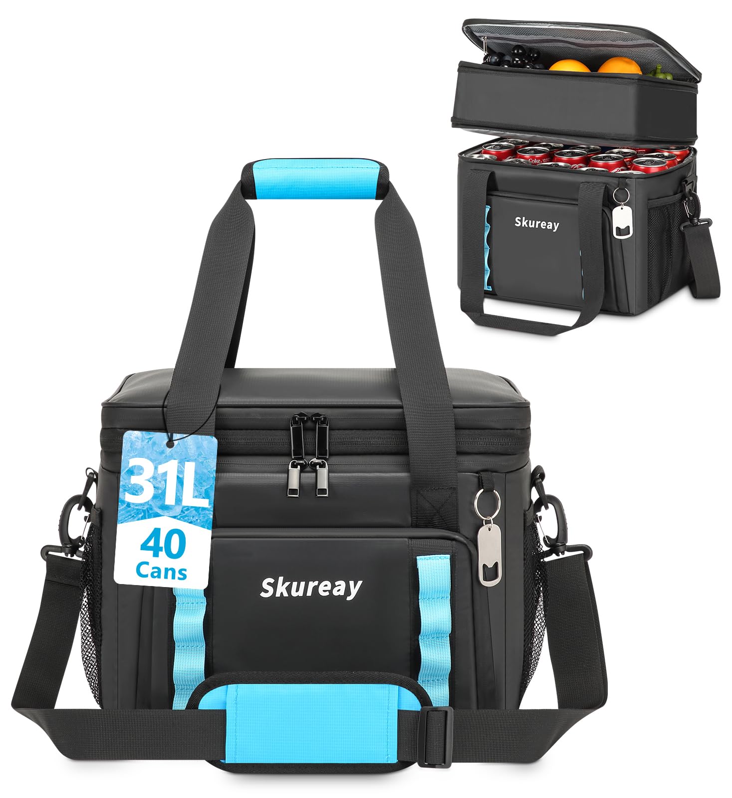 Large Expandable Cooler Bag Soft Material Double Tier Lunch Bag for Men and Women Space for 40 Cans Leakproof and Portable - 31L Capacity - Ideal for Beach, Camping, Road Trips (Black)