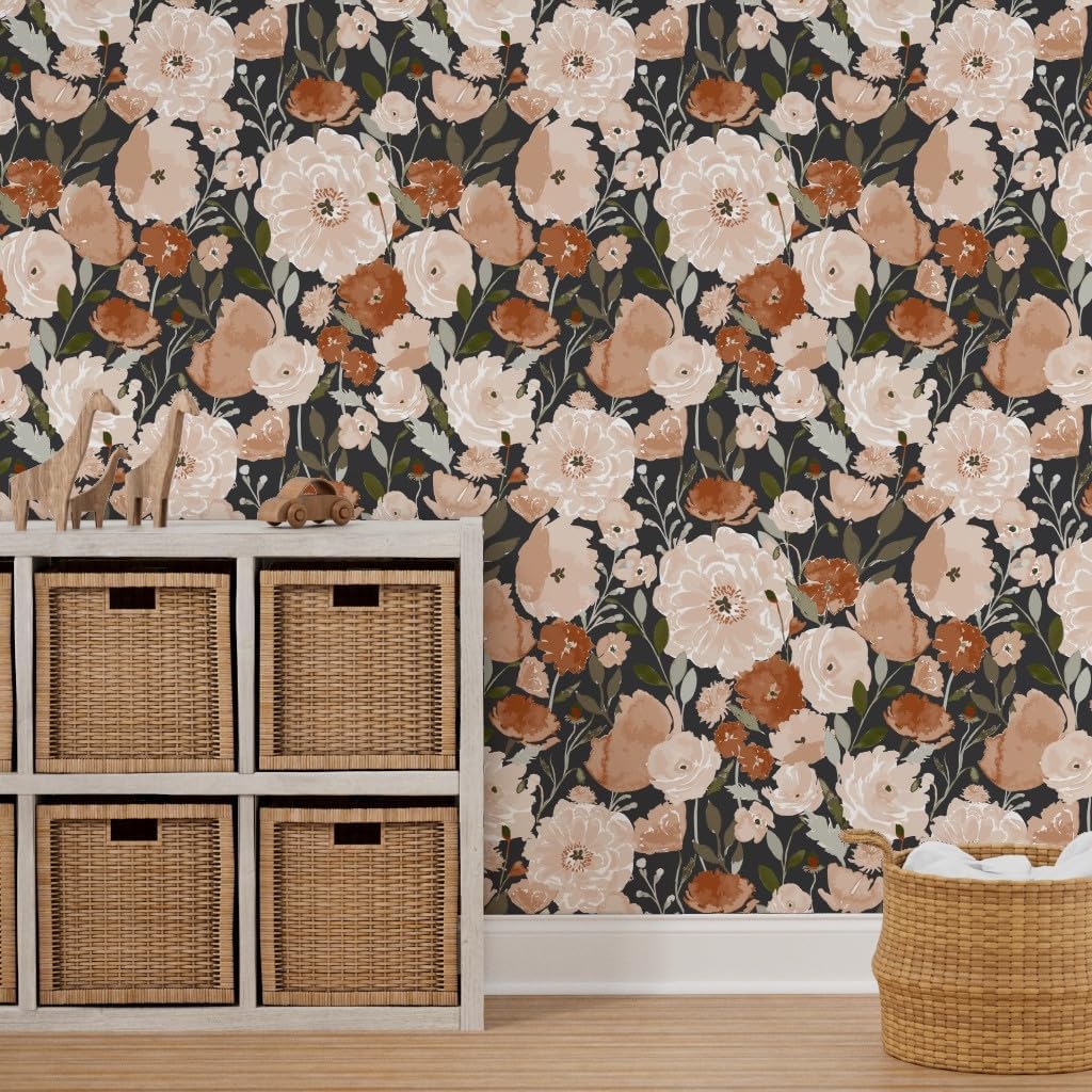 Spoonflower Peel & Stick Wallpaper 3ft x 2ft - Peach Pink Poppy Flower Copper Garden Floral Summer Watercolor Custom Removable Wallpaper