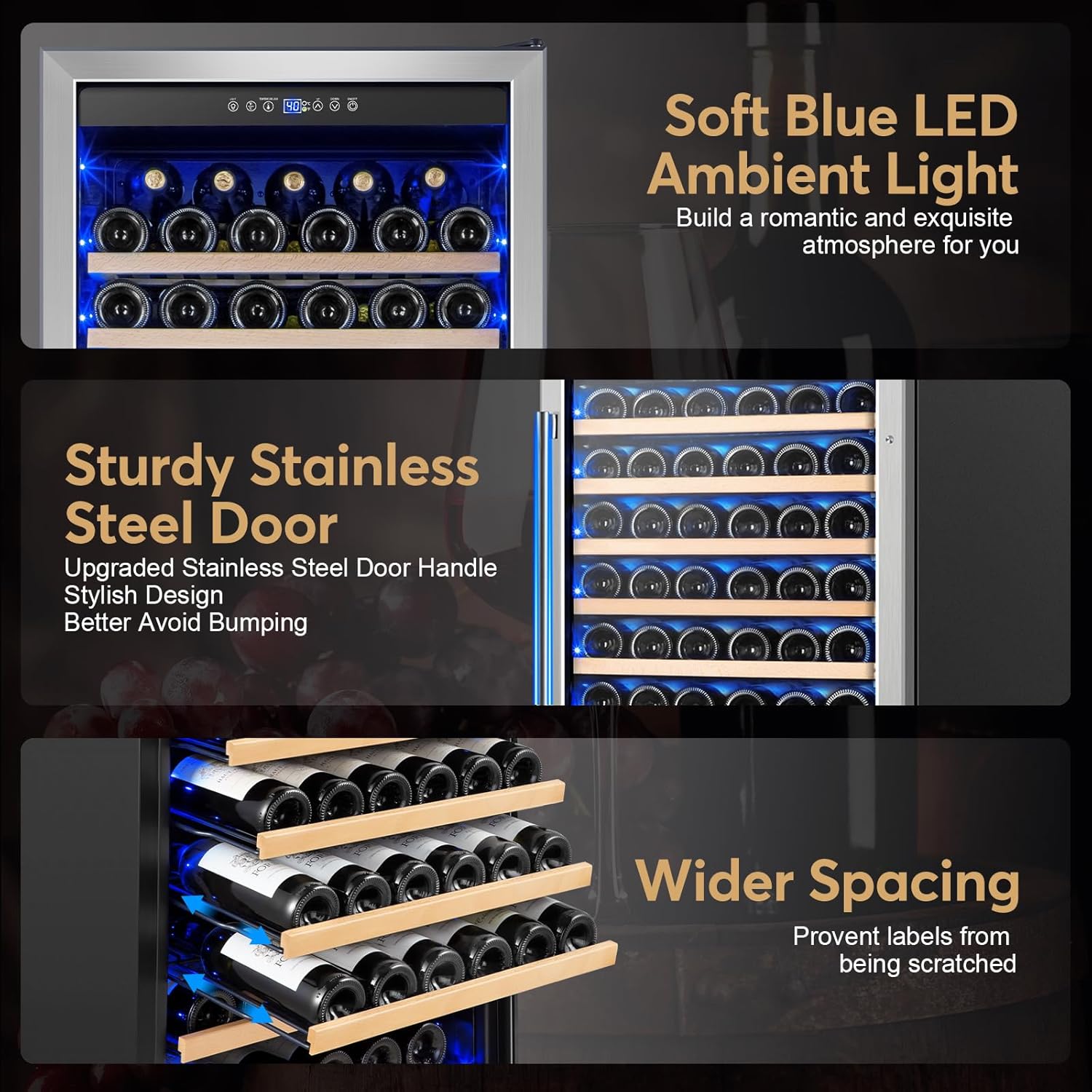 Wine Fridge Freestanding,173 Bottles 24 Inch Wine Cooler Refrigerator, Tall Wine Fridge with Compressor Low Noise Fast Cooling, Wine Cellar with Upgraded Door Handle Sliding Rail Shelves