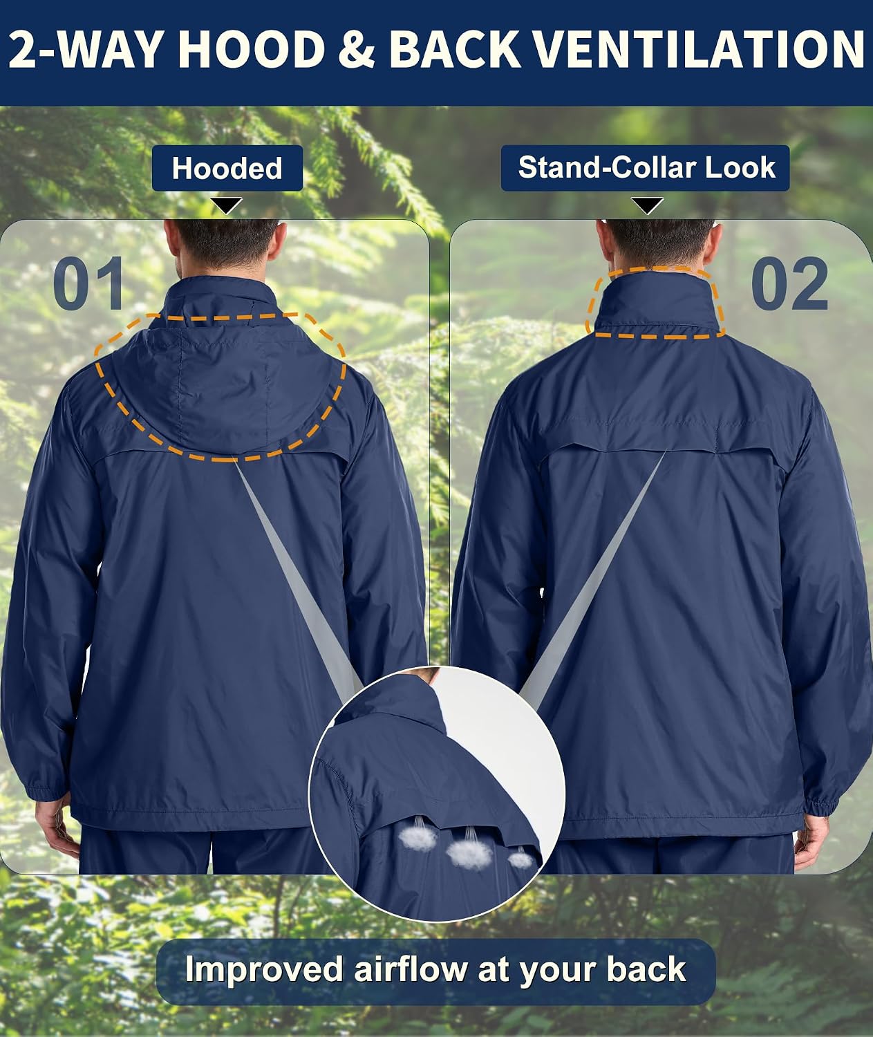 ZITY Mens Rain Jacket Waterproof Raincoat with Stowaway Hood