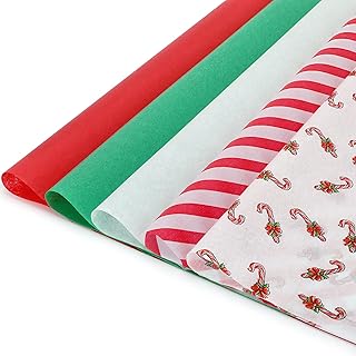 LOADSFUN Christmas Tissue Paper Bulk, 120 Sheets Assorted Design Gift Wrapping Paper, Red Green White for Xmas Holiday Crafts, Candy Canes - Buy now