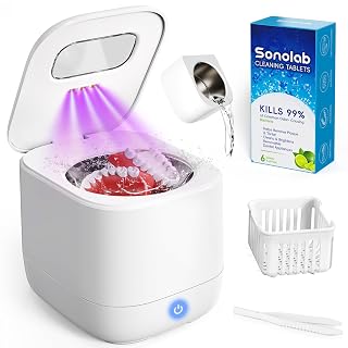 Sonolab Ultrasonic Retainer Cleaner Machine with Removable Tank and Cleaning Tablets, 45kHz Sonic Dental Cleaning Pod, 240ml Large Capacity Ultrasonic UV Cleaner for Dentures, Aligners, Mouth Guards - Amazon product rated Grade A