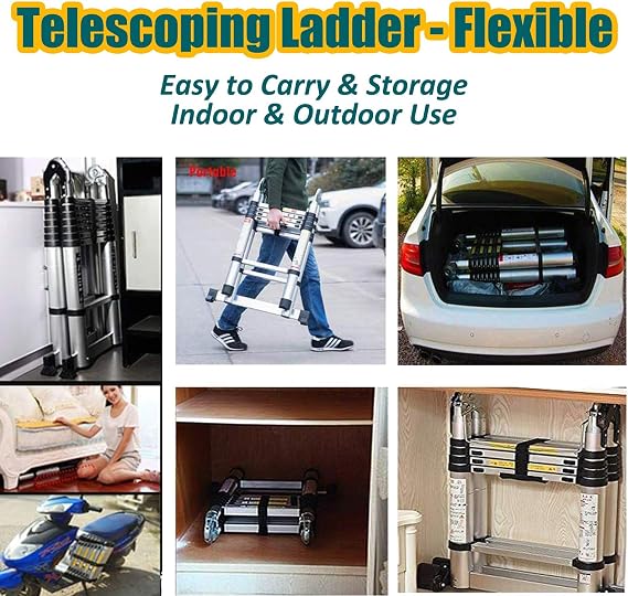 Aluminium Telescopic Folding Loft Ladder, 3.8M Multi Purpose A Frame with Stabiliser, 6+6 Steps Foldable Extension Ladder for Attic, Roof, Home