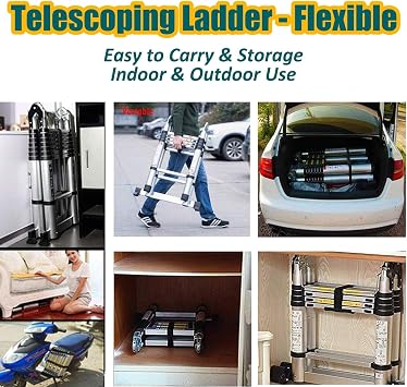 Aluminium Telescopic Folding Loft Ladder, 3.8M Multi Purpose A Frame with Stabiliser, 6+6 Steps Foldable Extension Ladder for Attic, Roof, Home