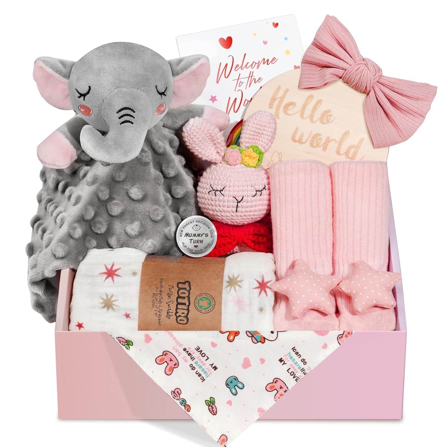 Baby Girl Gifts with Newborn Essentials, Baby Gift Basket for Baby Shower | Newborn baby girl gifts with swaddle blanket, bunny rattle and elephant lovey; new baby girl gift set for gender reveals