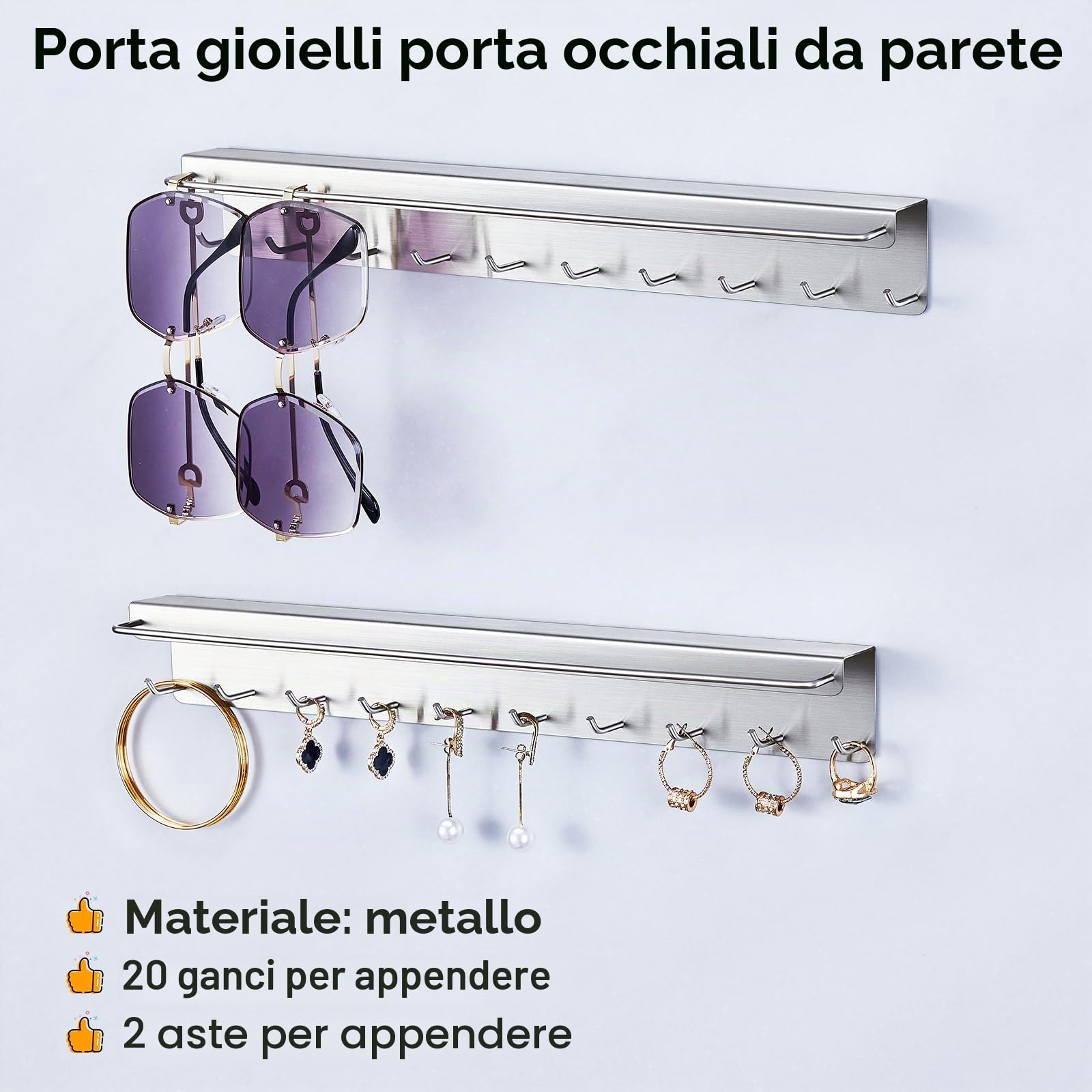 2 Pezzi Porta Collane da Parete, Espositore Gioielli per Collane, Bracciali e Orecchini, Porta Gioielli da Appendere con 20 Ganci, porta Occhiali, Organizer occhiali Da sole (Argento)
