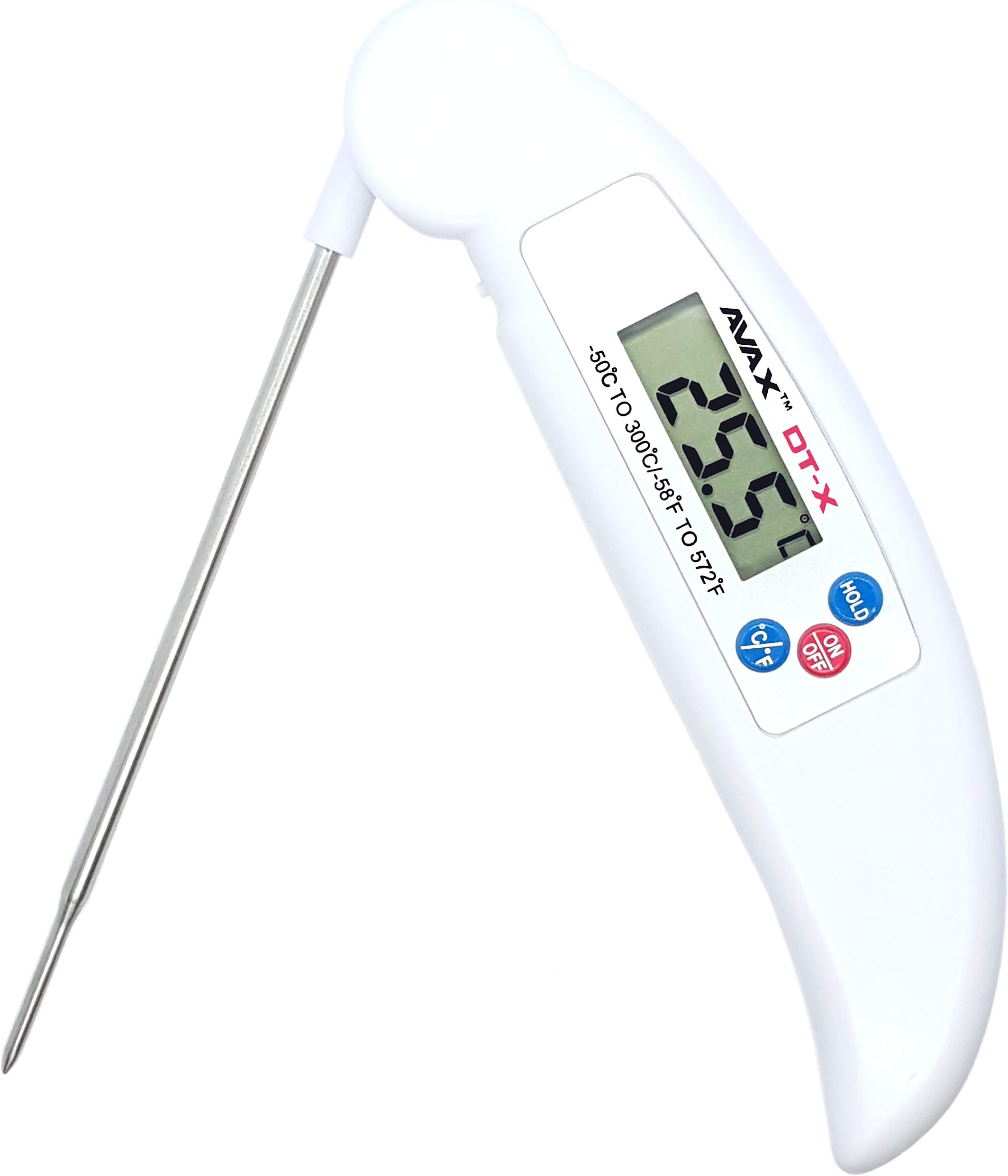 AVAX DT-X - Folding Digital LCD Food Thermometer Kitchen Cooking Probe for Wine, Food, Meat, Steak, Turkey, BBQ, Yerba Mate, Milk, Sugar, etc. - Temperature range: -50C to 300C / -58F to 572F (WHITE DT-X)