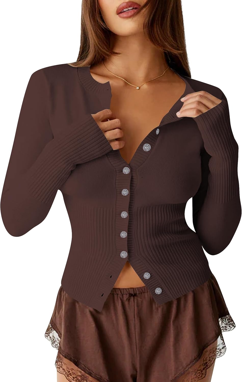 BAIGRAM Women Open Front Button Cropped Cardigan Fall Lightweight Soft Knit Sweaters Long Sleeve Fitted Casual Tops