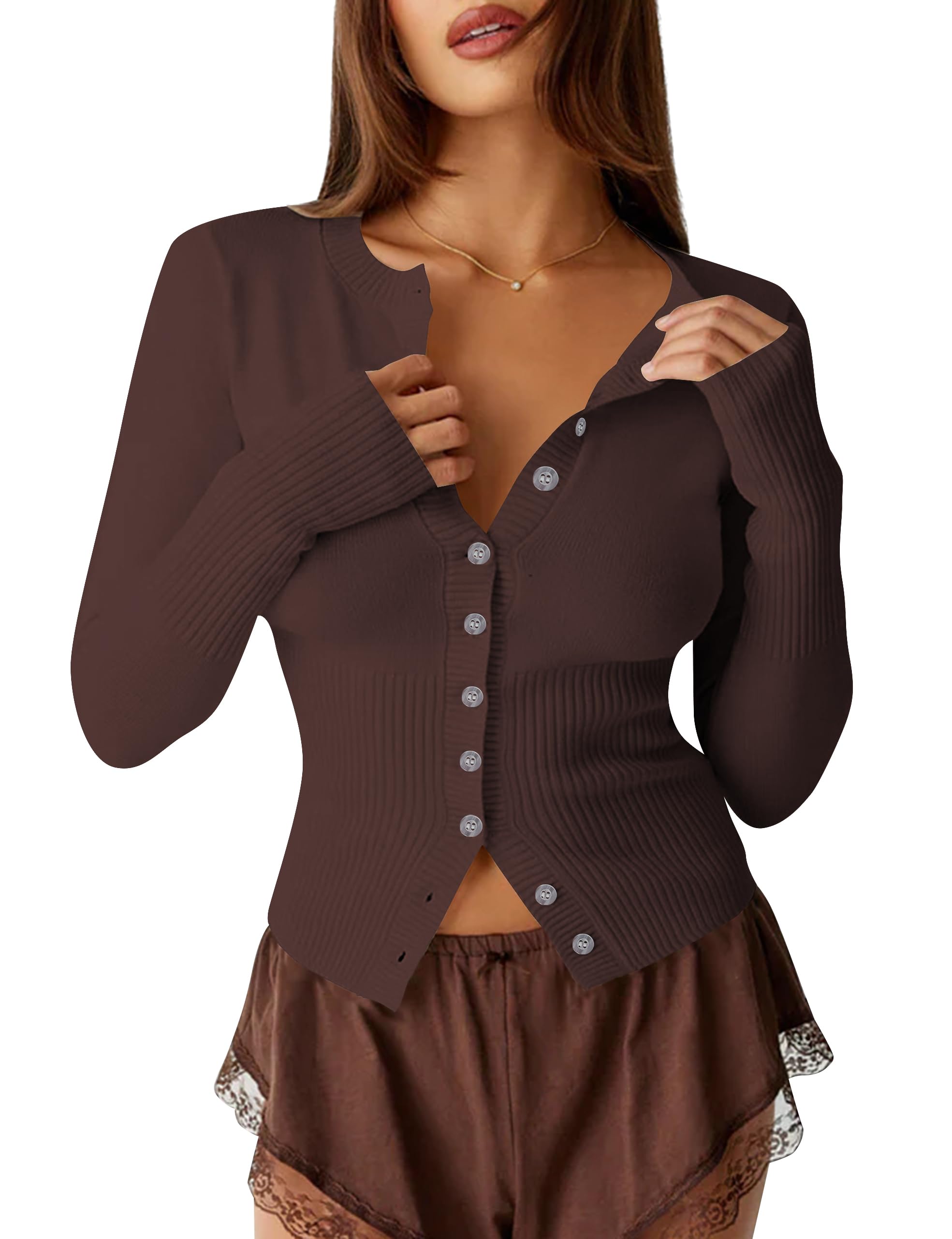 BAIGRAM Women Open Front Button Cropped Cardigan Fall Lightweight Soft Knit Sweaters Long Sleeve Fitted Casual Tops