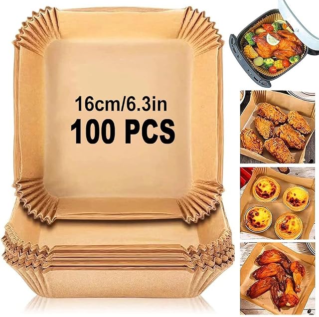 BREEZO Air Fryer Liners, 100PCS Air Fryer Disposable Paper Liners, 6.3in Square Non-Stick Baking Parchment Paper, Multipurpose Greaseproof Water-Proof Paper LinersAir Fryer Accessories Oven Microwave