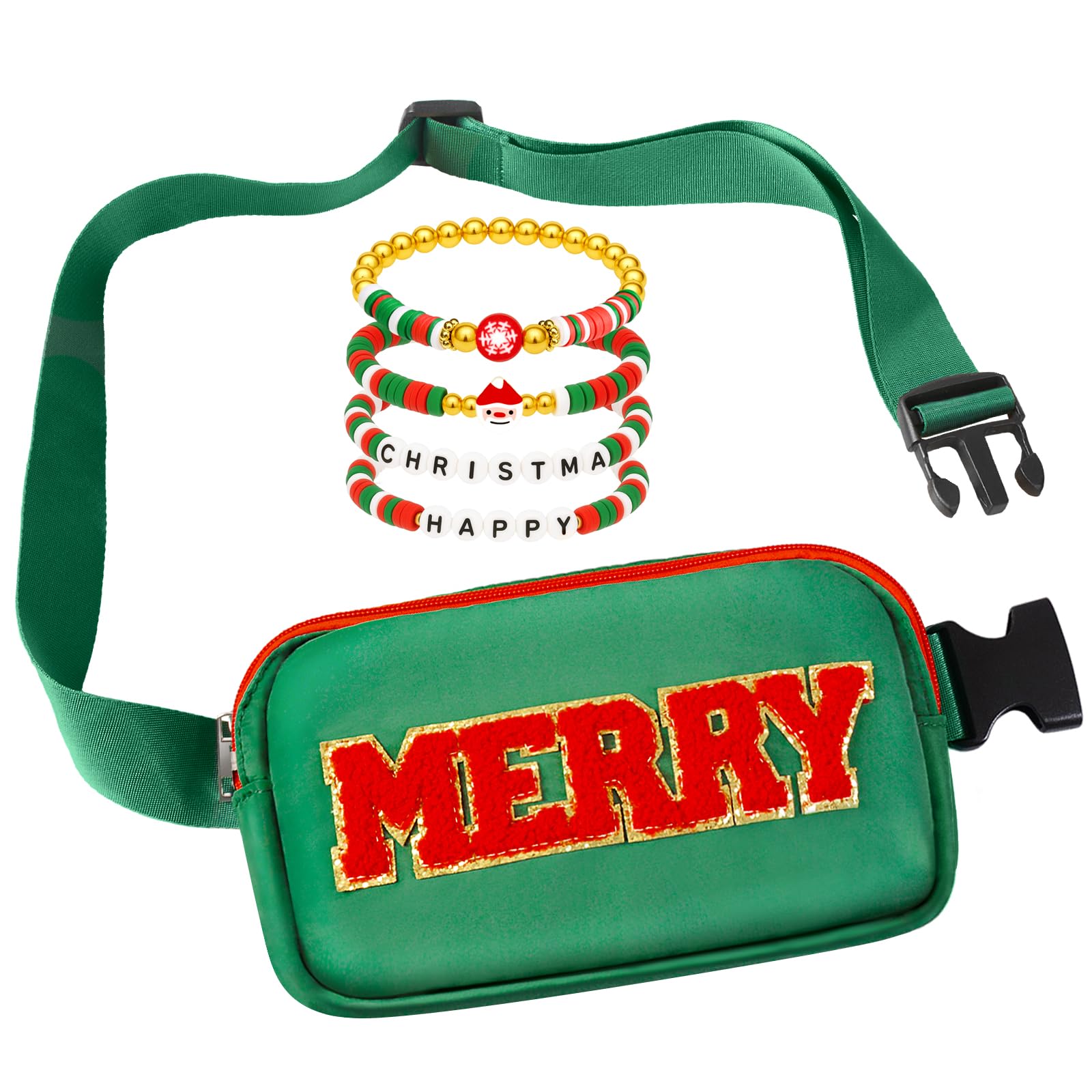 Christmas Fanny Pack With Bracelets For Girls Boys Women, Merry Green Belt Bag, Christmas Merry Purse Sling Crossbody Bags For Holiday Navidad Gifts