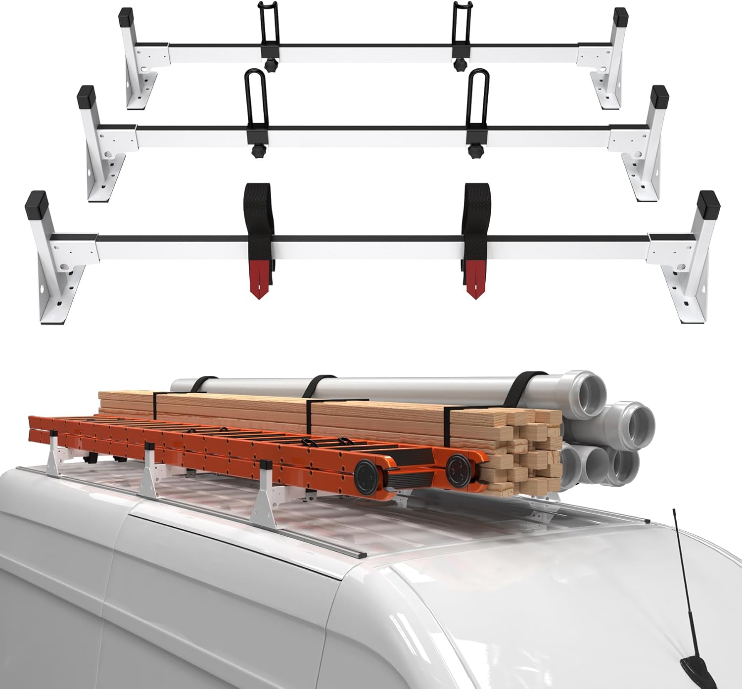 800LBS Heavy Duty Cargo Van Roof Rack Fit for Mercedes Benz Sprinter High Roof 144"/170"/170" ext w/Ladder Guides & Straps, Secure Pipes/Ladders/Materials