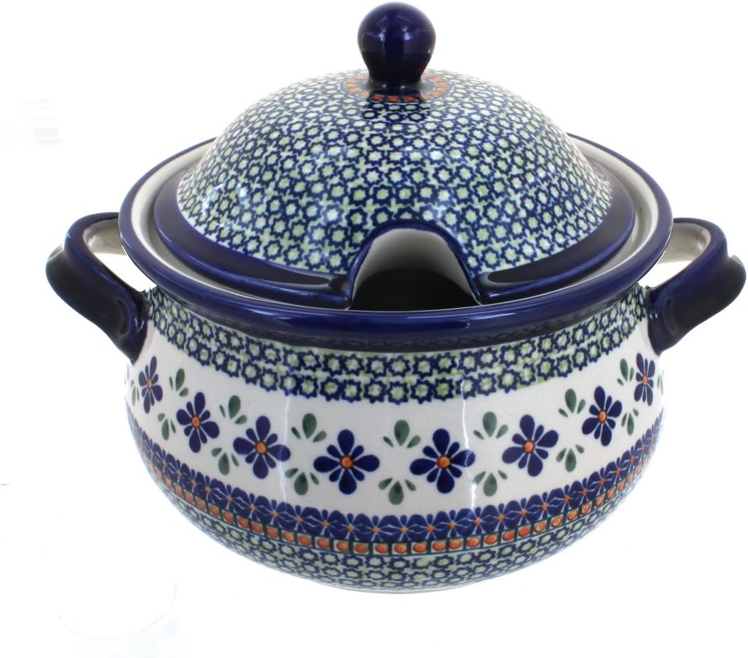 Blue Rose Polish Pottery - Green Mosaic Flower Soup Tureen - 12.5 Cup Capacity - Hand-Painted Polish Pottery Soup Bowl with Lid
