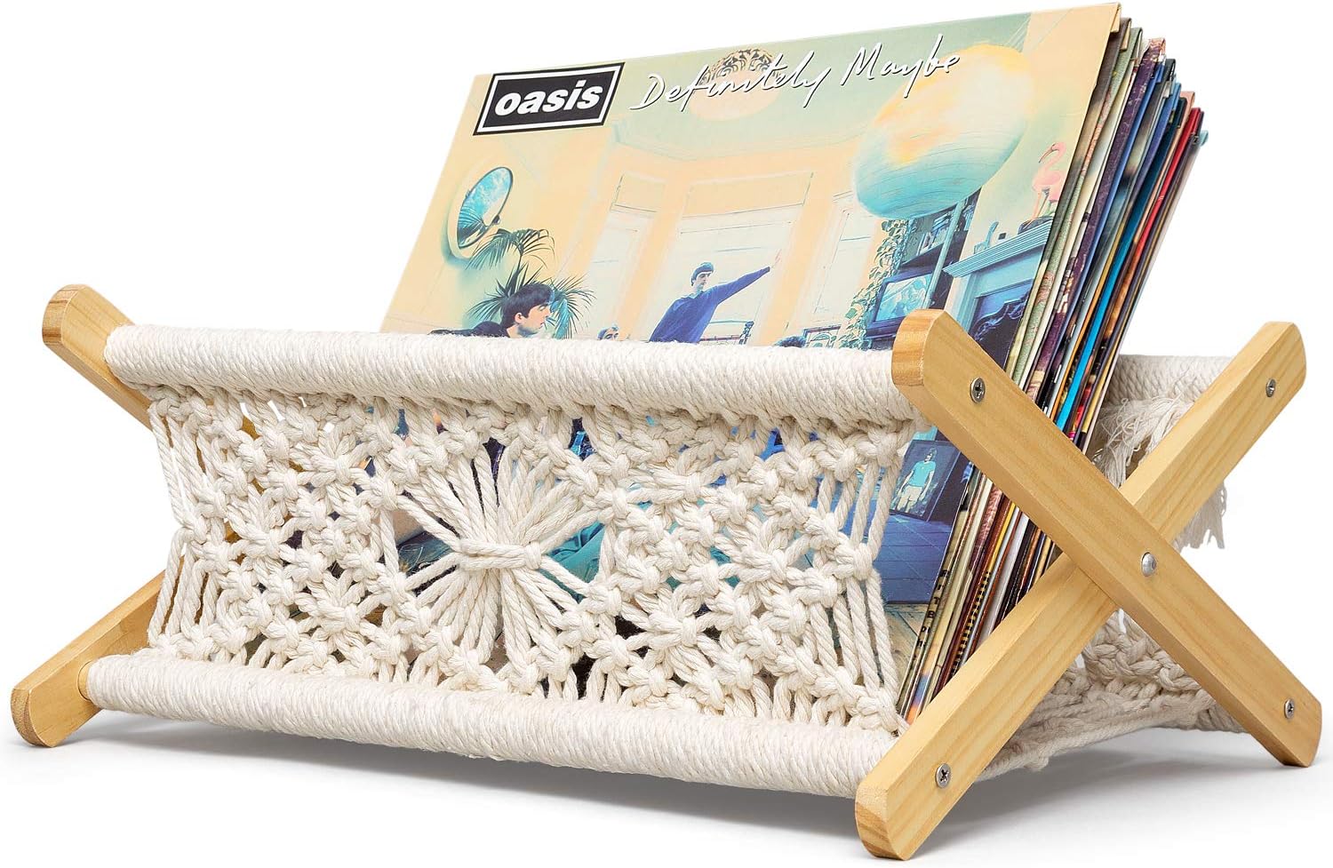 Mkono Macrame Vinyl Record Storage Holder Boho Home Decor Magazine Storage Basket Modern Woven Vinyl Record Album Organized Display Rack Wood Stand, Living Room, Bedroom, 14.5" L×10.5" W×7" H