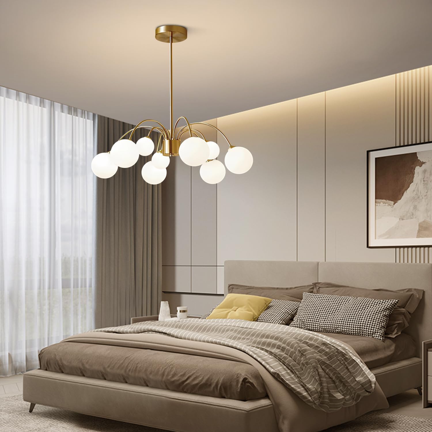 KCO Lighting Sputnik-Kronleuchter Gold mit 9 Weißglas-Kugeln, 73 cm höhenverstellbar, für Ess- und Wohnzimmer