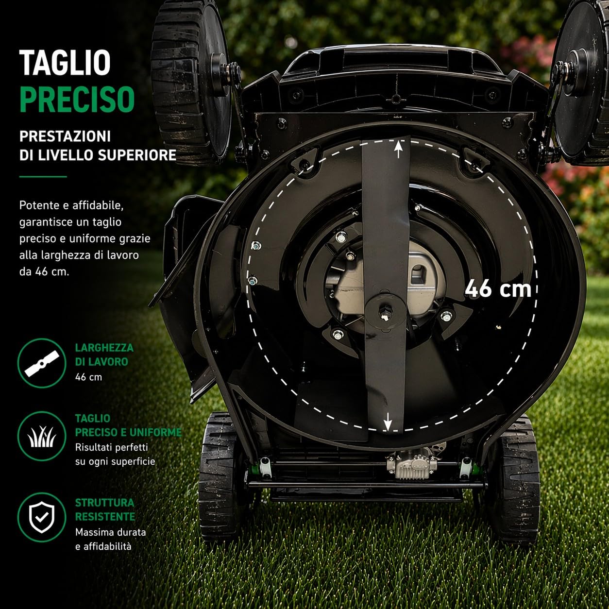Tosaerba Rasaerba Semovente a Scoppio Motore 4 Tempi 146cc 3KW Taglio 46cm a Trazione 4 in 1 Mulching Raccolta Scarico Laterale Posteriore Regolazione Altezza di Taglio a 7 Livelli 25-70 mm Giardino