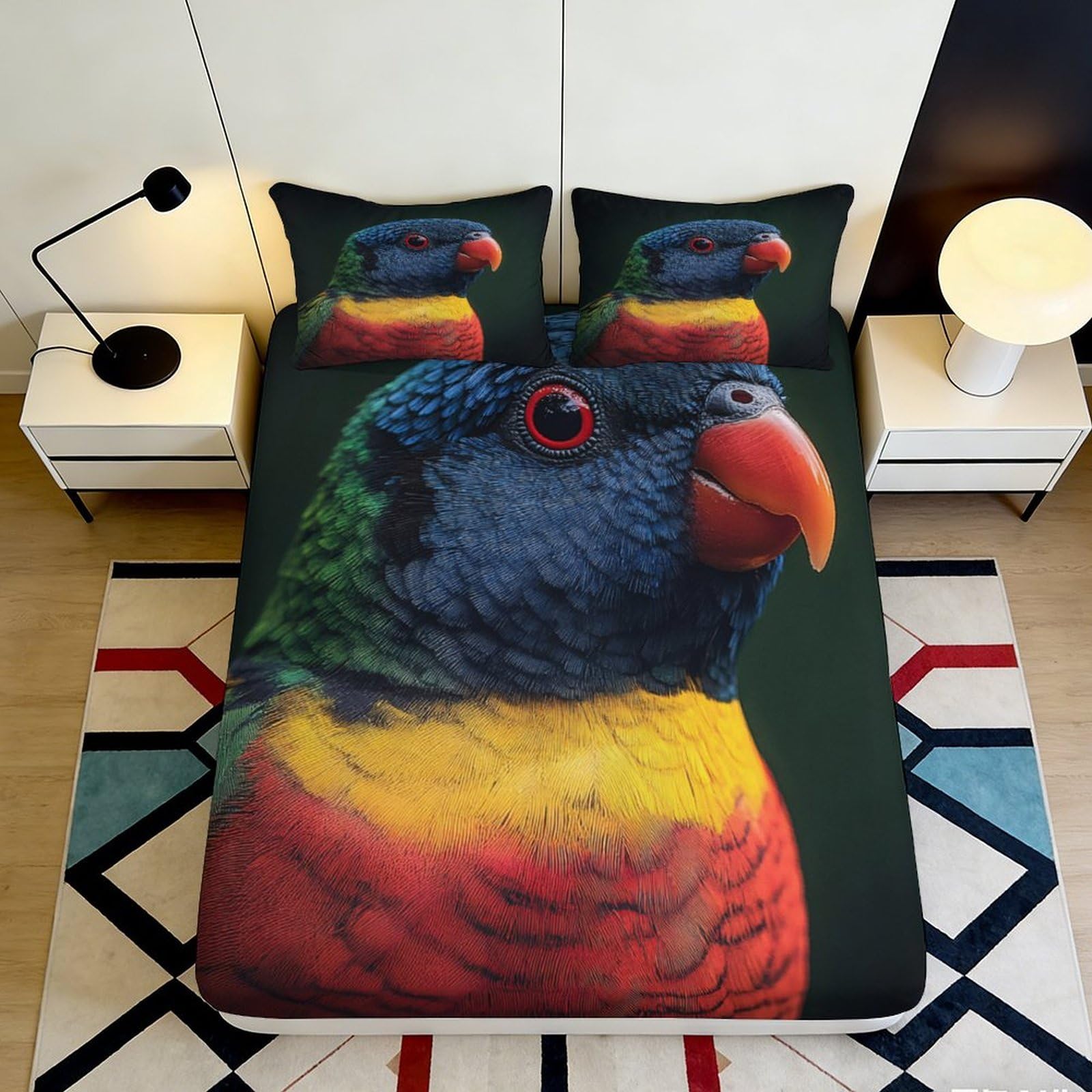 3D Printed Rainbow Parrot Fitted Sheet Microfiber Soft Bedroom Decor Bird Art Mattress Cover for Home Dorm 90x200x25cm