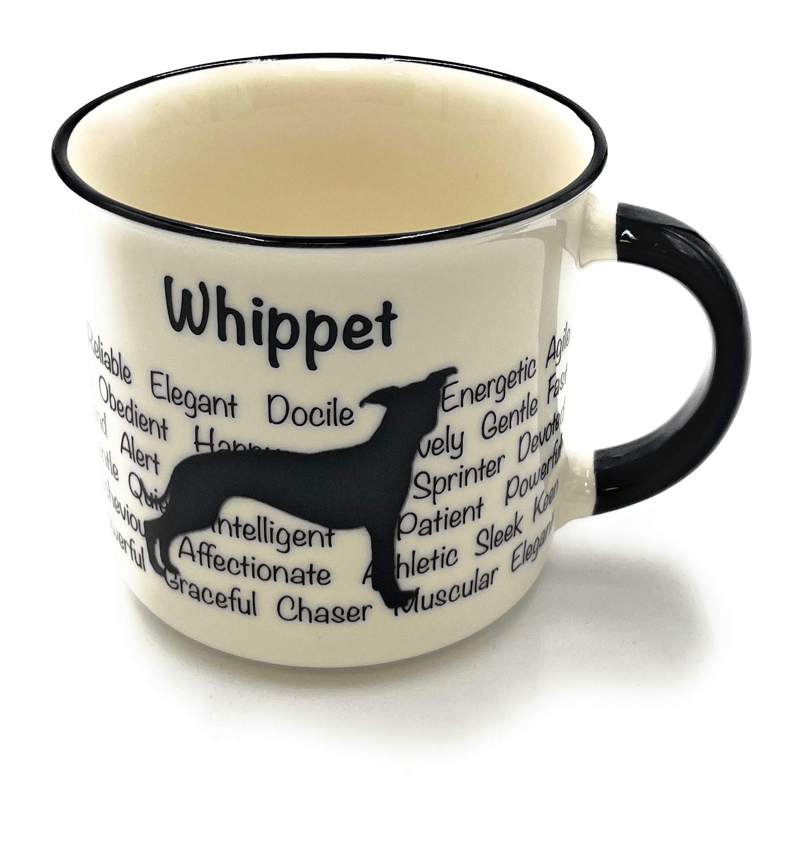 Whippet Mug - Dog Silhouette in Black on White Mug, Characteristics on Cup. Coffee Mug/ Tea Cup. Great Gift/ Present idea for Dog Owners.