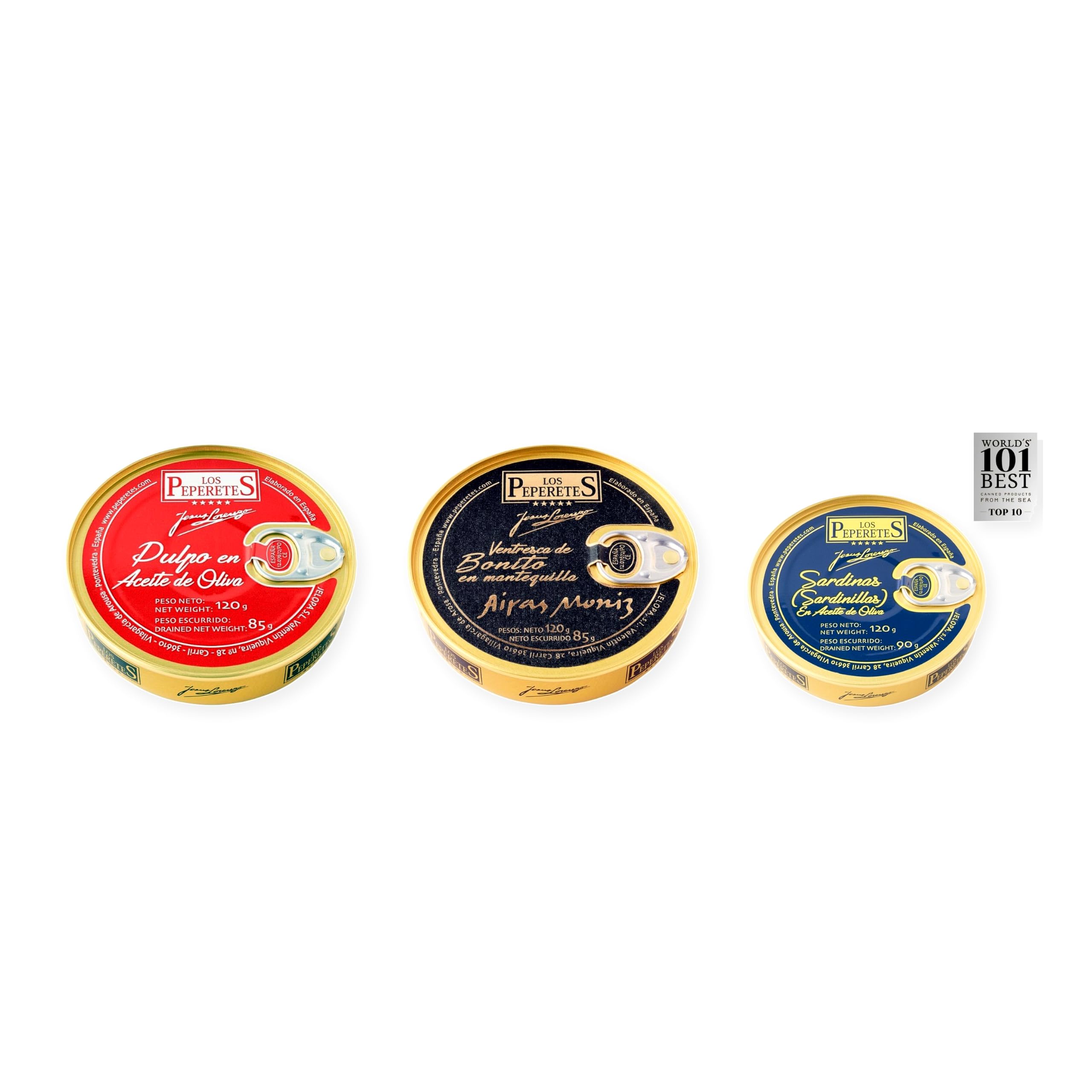 los peperetes conservas Pulpo Aceite Oliva, Ventresca Bonito Mantequilla y Sardinillas Aceite Oliva pack 3 latas