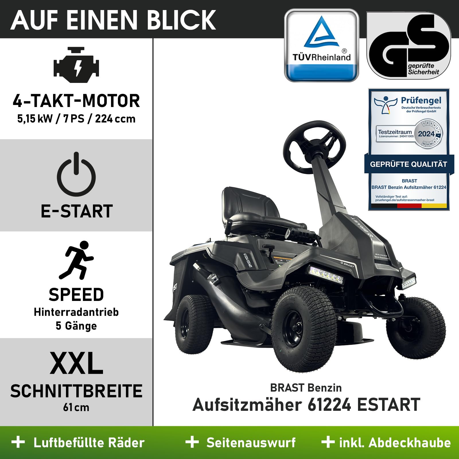BRAST® Rasentraktor Benzin Aufsitzmäher | 5,15kW(7PS) | Elektrostart | XXL Schnittbreite 61cm | TÜV geprüft | Variable Geschwindigkeit | 150L Fangkorb | für mittlere bis große Rasenflächen