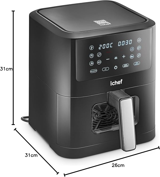 Vista lateral da Airfryer IChef Smart Vision com indicação de medidas de 31cm por 26cm