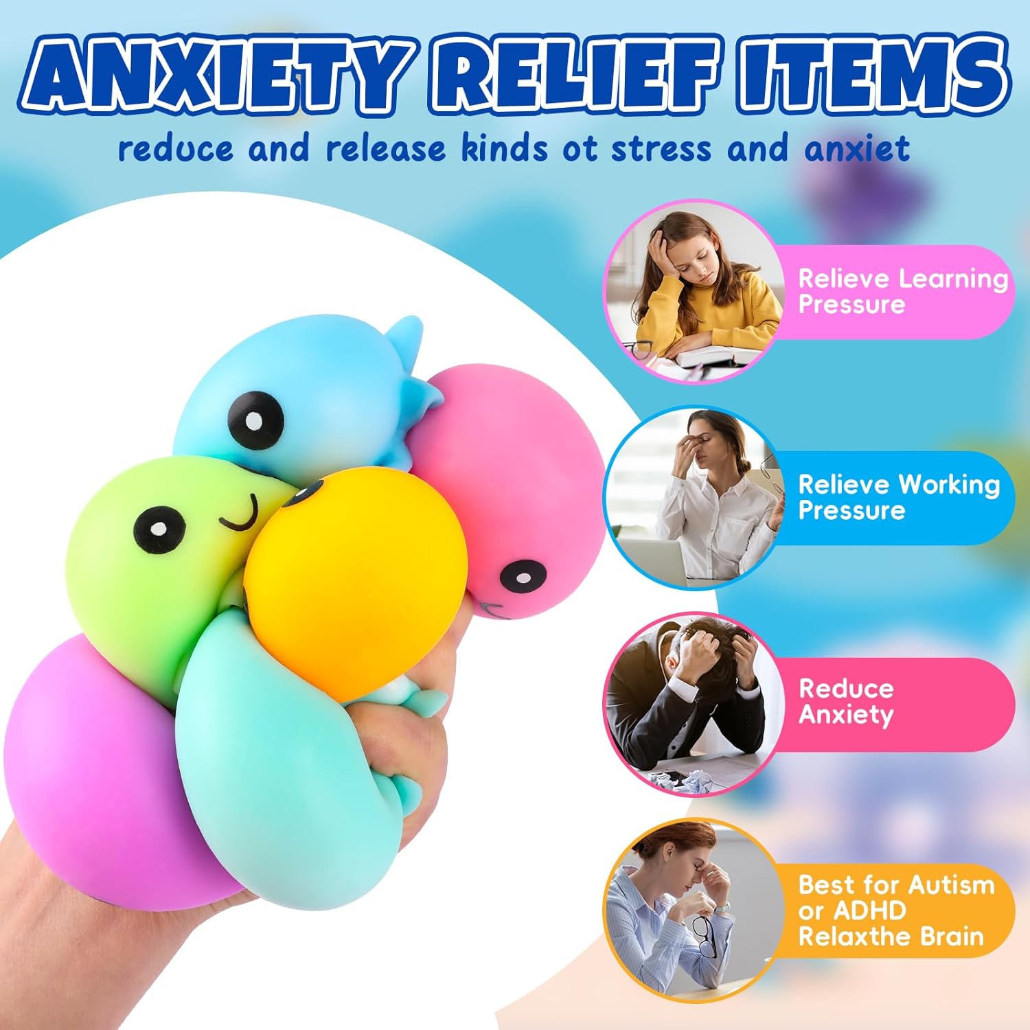 12 Pack Stress Balls for Adults, Cute Octopus Stress Relief Stress Ball, Fidget Toys Bulk Squishy Squeeze Ball Set and Birthday Party Favors Toys for Kids