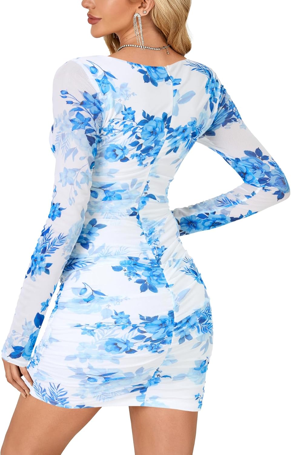 Rooscier Women's Sexy Ruched Bodycon Mini Dress Mesh Sparkly Long Sleeve Club Short Dress - Image 4