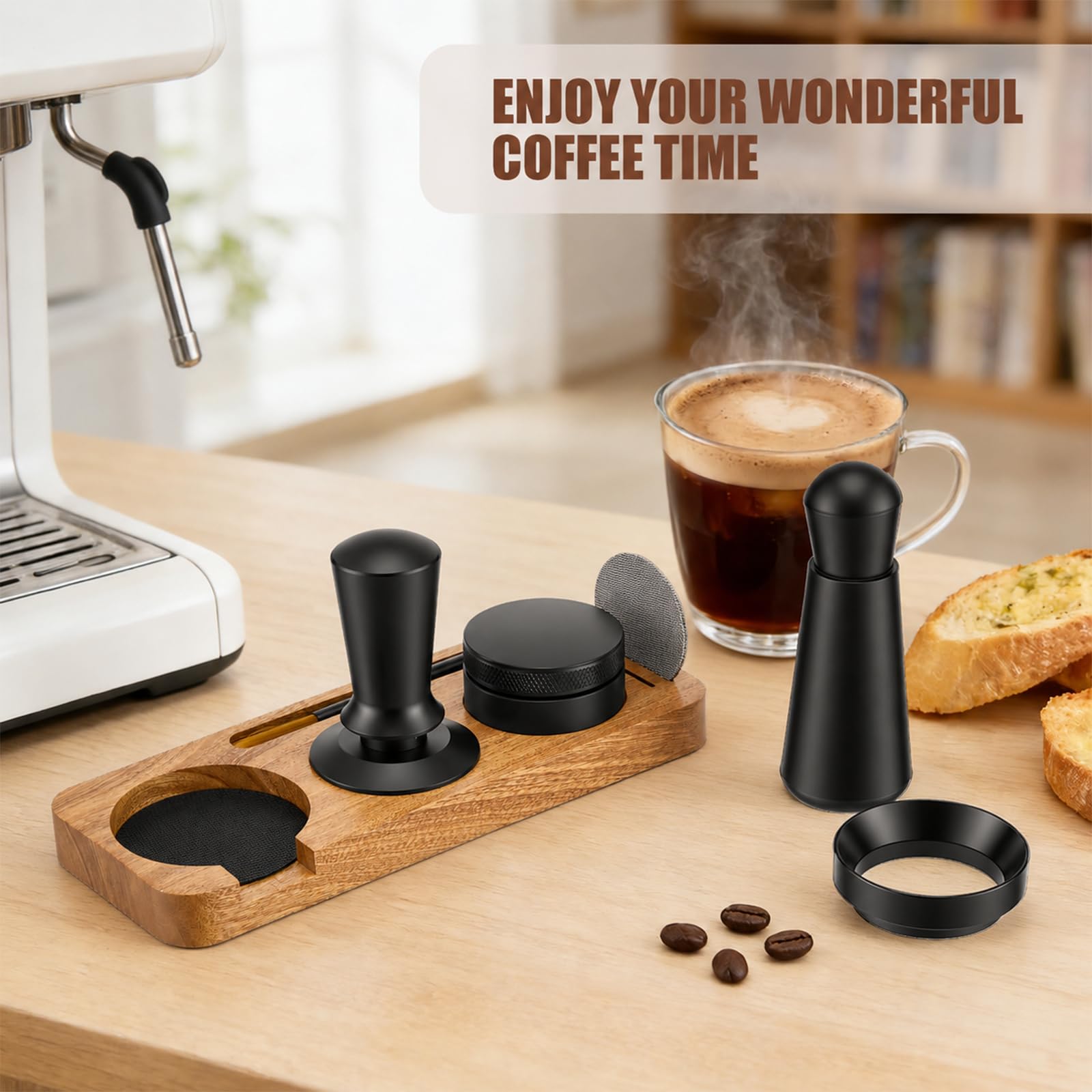 Set 7 Accesorios para Espresso, 58mm con Base de Madera, De Tamping, Herramienta WDT, Anillo Dosificador Magnético, Filtro y Cepillo