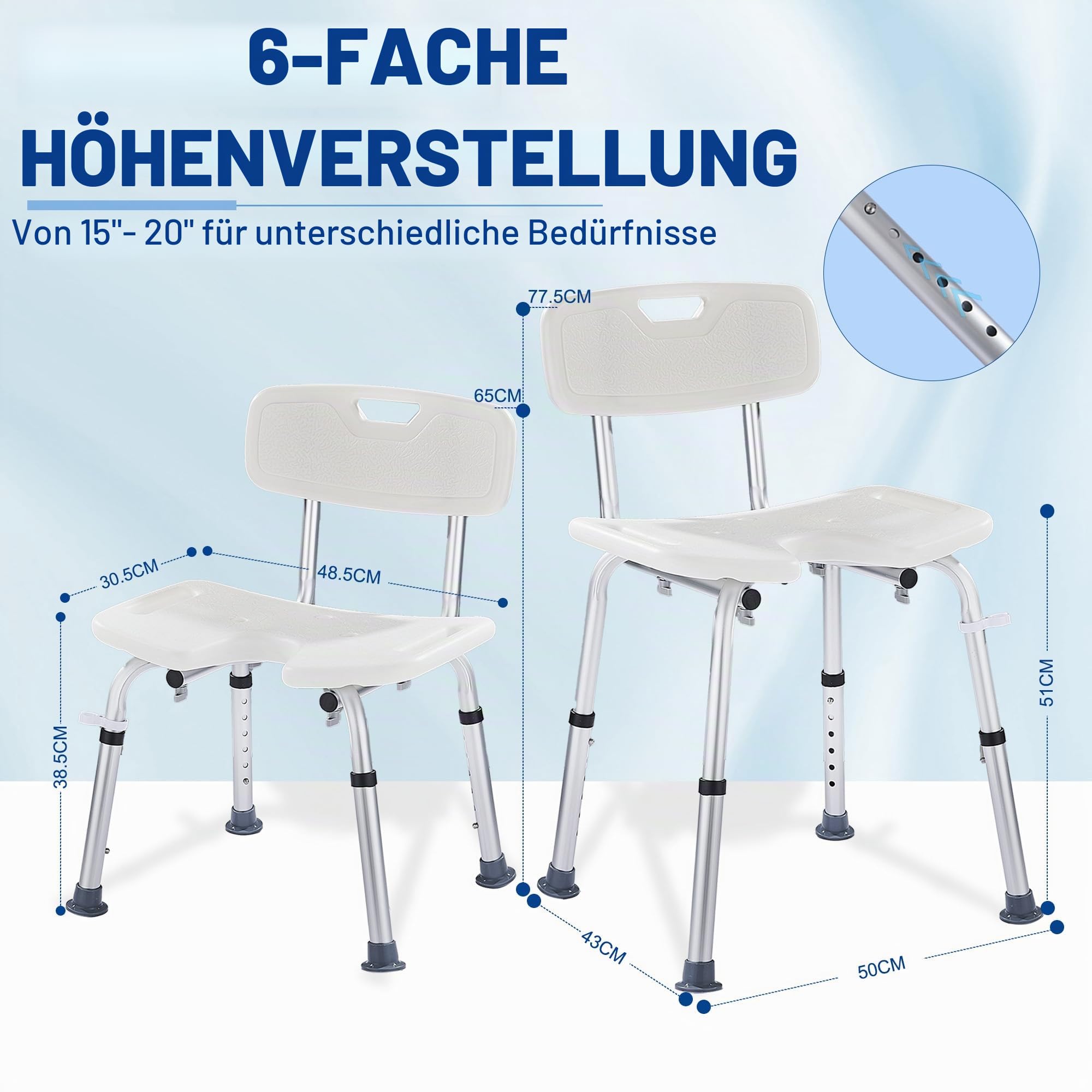 Duschhocker Höhenverstellbar 38.5-51cm mit Abnehmbarer Rückenlehne, Duschstuhl für Senioren rutschfeste Gummifüße Duschhilfe, Duschsitz für Dusche Badehocker Badstuhl belastbar bis 150kg