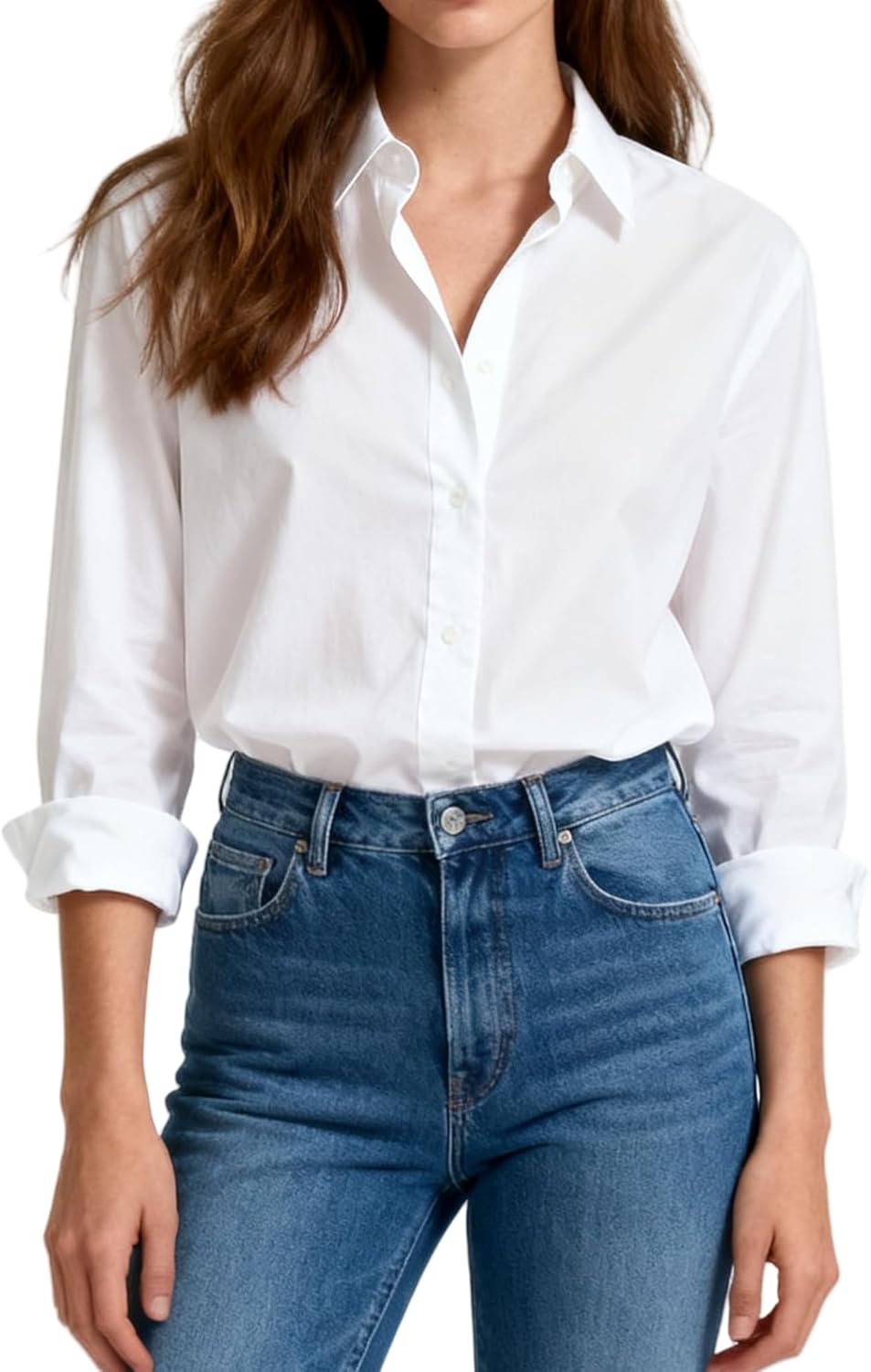 Womens Button Down Shirts Cotton Fitted Dress Shirts Long Sleeve Office Blouses Collared Tops