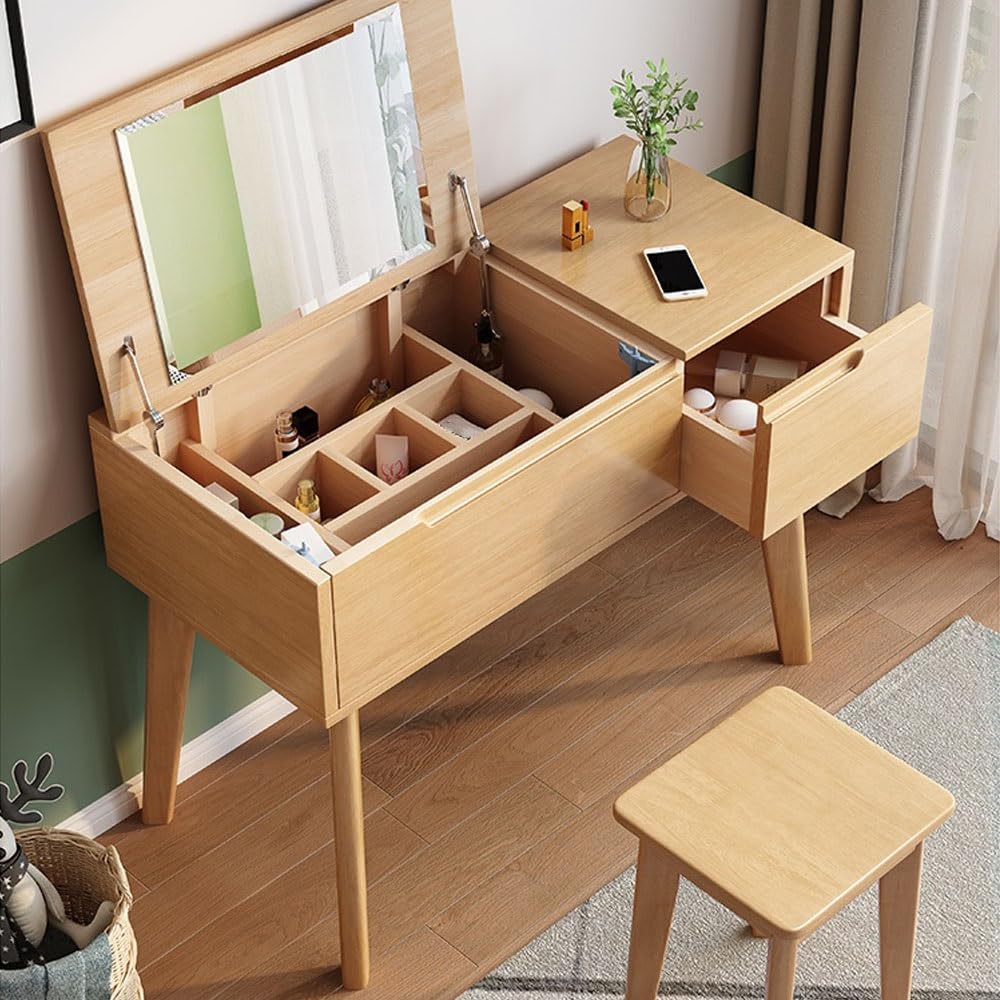 asdchZen Folding Cactus Vanity Mirror-Wooden Small Dressing Table For Bedroom Natural Makeup Station Compact Makeup Stylish Home Decor