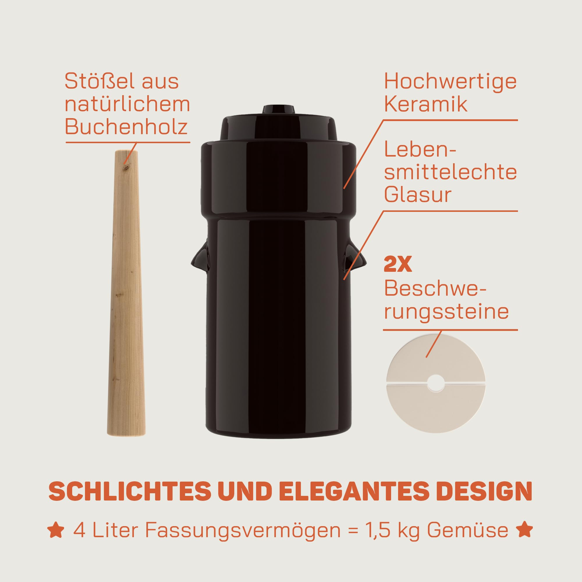 Sauerkrauttopf 4 Liter - Gärtopf zum Einlegen & Fermentieren | Mit Deckel, Krautstampfer & Fermentiergewichte – Gurkentopf Steintopf für Sauerkraut, Kimchi, Gurken - Steingut